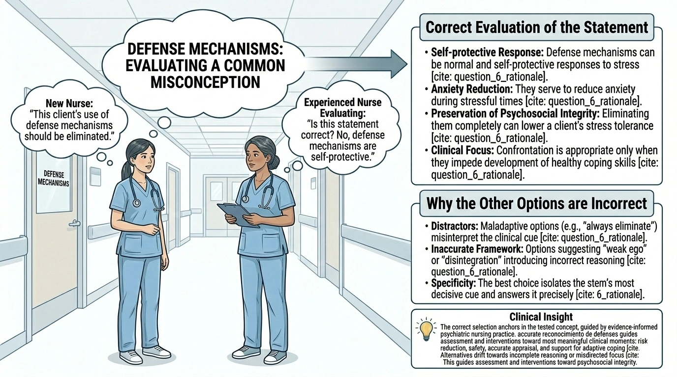 A new psychiatric nurse states, This clients use of defense mechanisms should be eliminated. Which is a correct evaluation of this nurses statement?