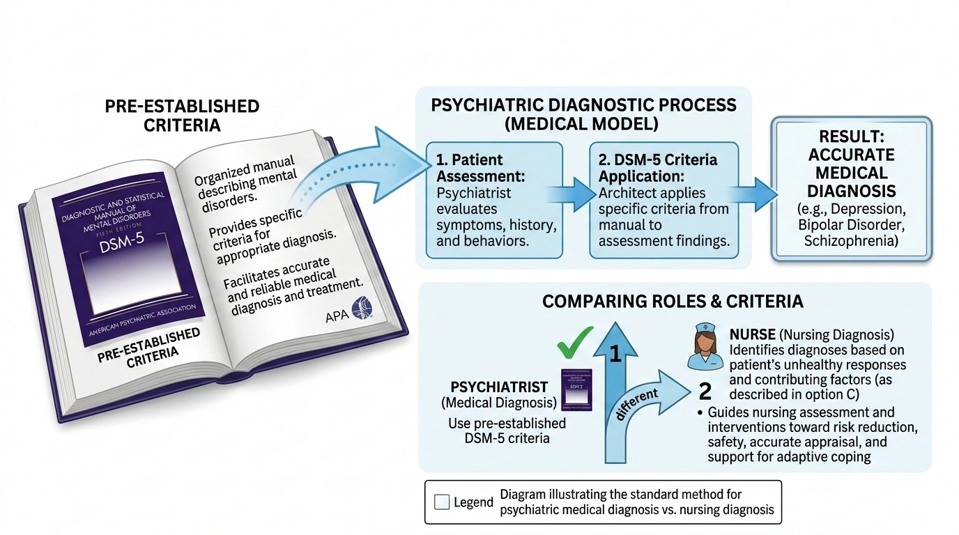 A mental health technician asks the nurse, How do psychiatrists determine which diagnosis to give a patient? Which of these responses by the nurse would be most accurate?