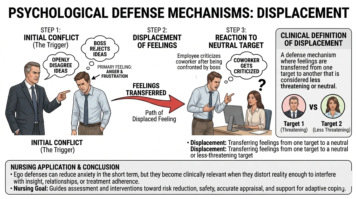 An employee uses the defense mechanism of displacement when the boss openly disagrees with suggestions. What behavior would be expected from this employee?