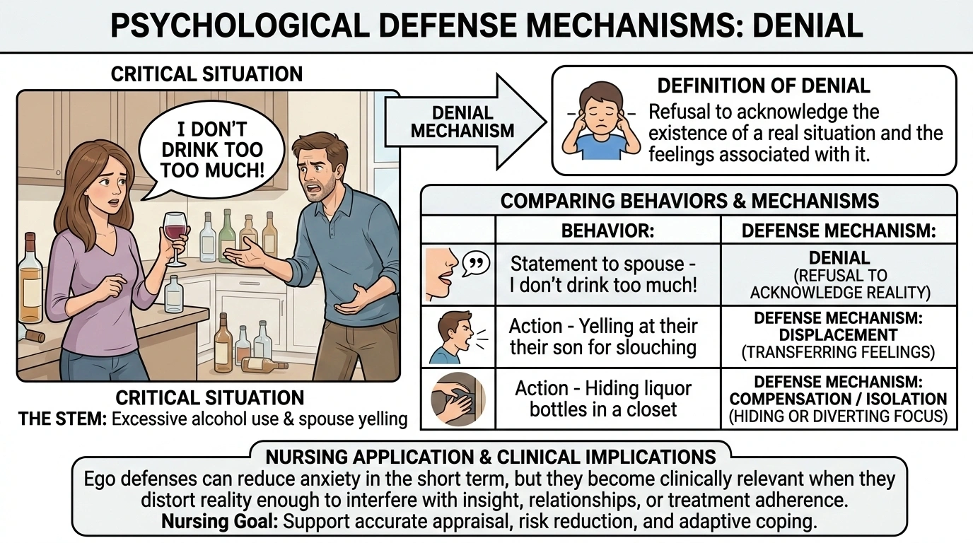 When under stress, a client routinely uses an excessive amount of alcohol. Finding her drunk, her husband yells at her about the chronic alcohol abuse. Which reaction should the nurse recognize as the use of the defense mechanism of denial?