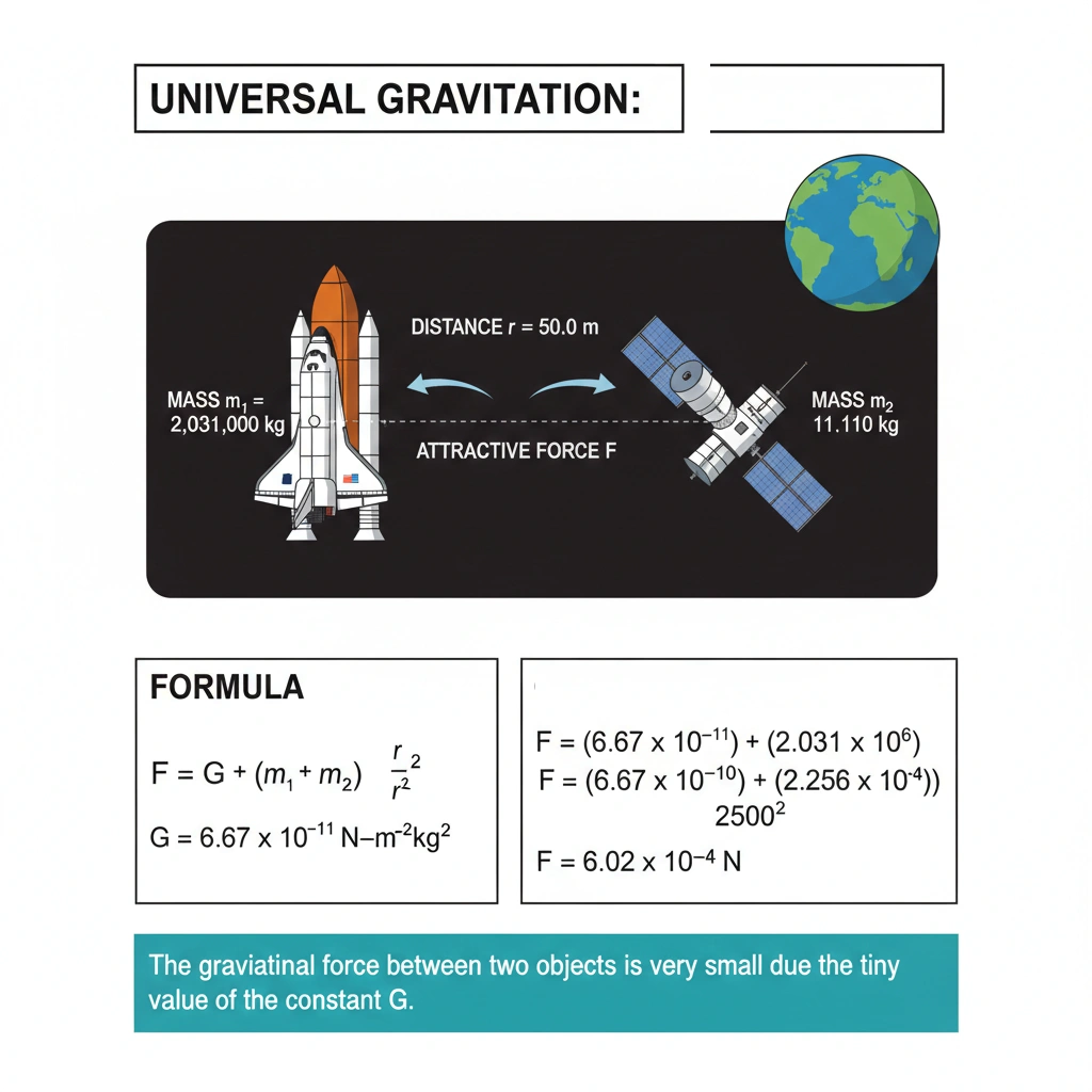 What is the gravitational attraction force between the space shuttle (2,031,000 kg) and the Hubble Space Telescope (11,110 kg) when they are 50.0 m apart?