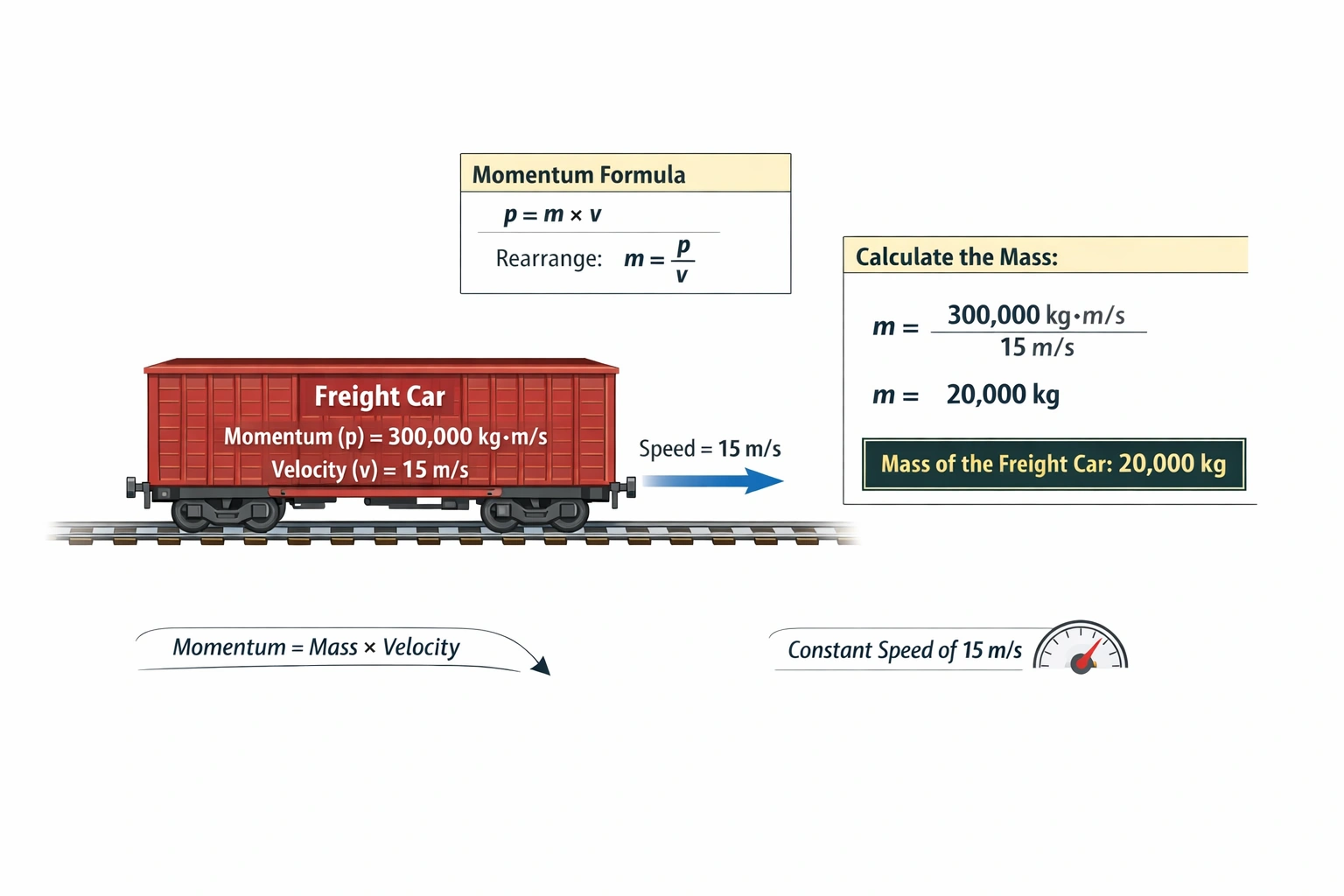 A freight car has a momentum of 300,000 kg?m/s while moving along a frictionless, level railroad track with a constant speed of 15 m/s. What is the mass of the freight car in kg?