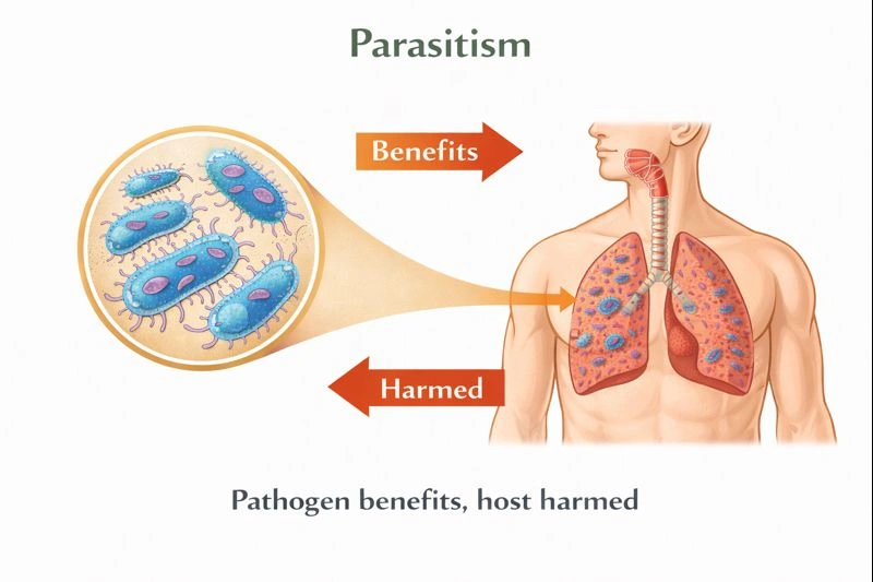 What kind of symbiosis exists between a pneumonia bacterium and a human?