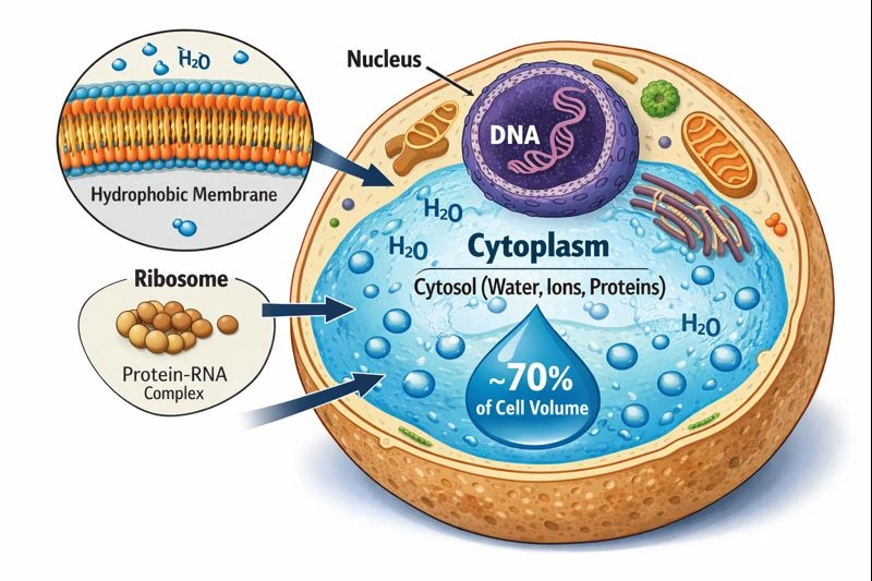 Which part of an animal cell contains the most water?