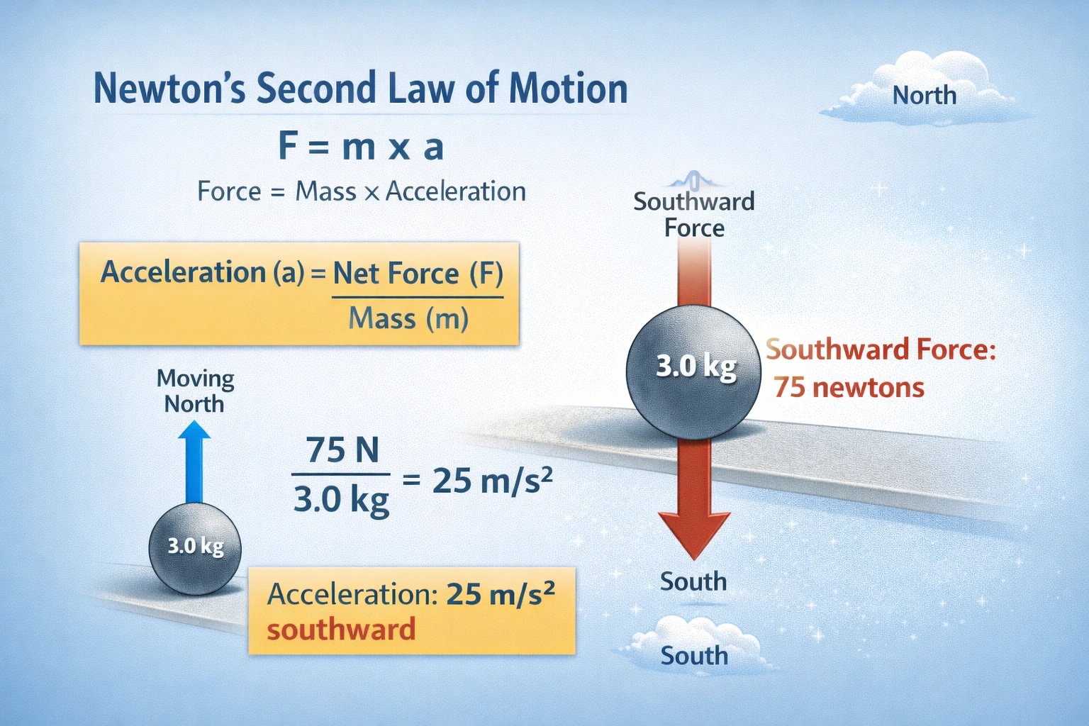 A 3.0-kilogram object moving northward experiences a southward force of 75 newtons. What is its acceleration?