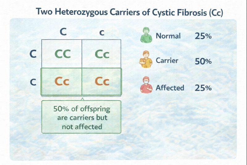 Two heterozygous carriers (Cc) of cystic fibrosis. Percent of offspring who are carriers but not affected?