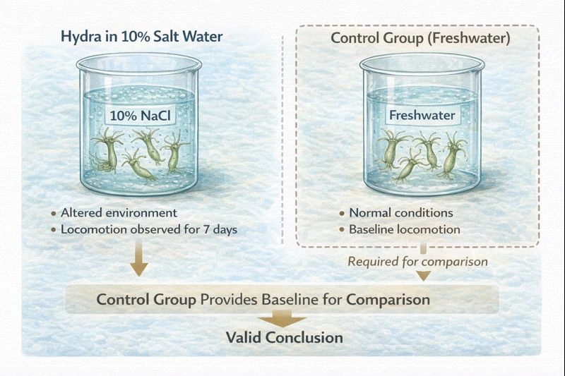 Students believed salt water would harm hydra locomotion. They placed 100 hydra in 10 % salt water and observed for a week. What was missing?