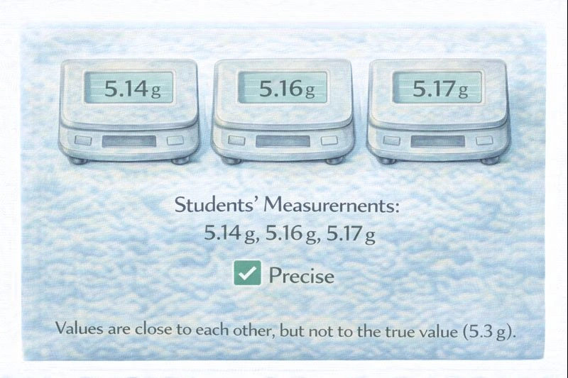 Students' measurements 5.14, 5.16, 5.17 g (true = 5.3 g). Description?