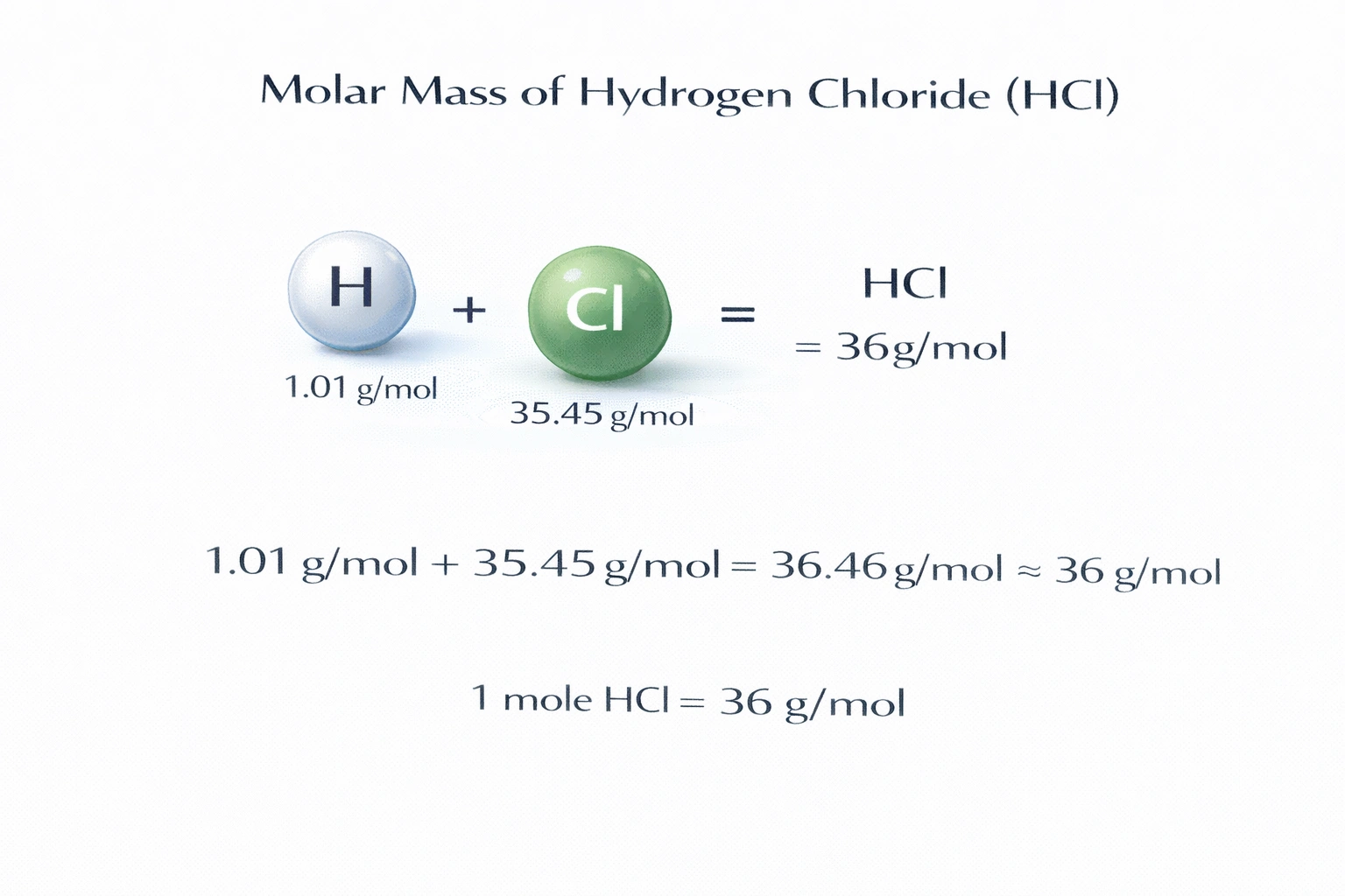 To the nearest whole number, what is the mass of one mole of hydrogen chloride?