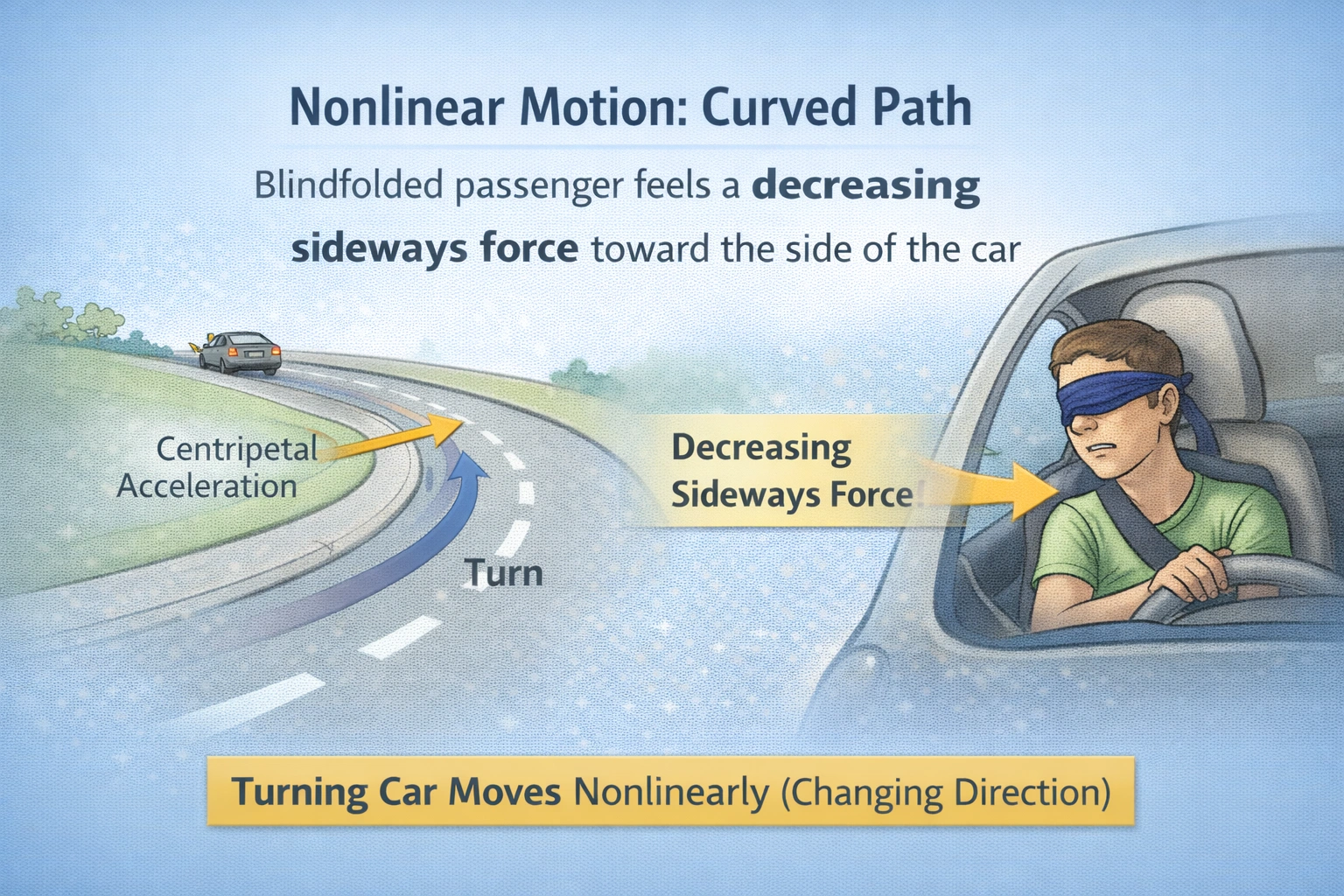 A student conducting a physics experiment drives a car with a blindfolded passenger and asks that passenger to determine whether the car's motion is linear or nonlinear. Which experience tells the passenger that the car is moving nonlinearly?