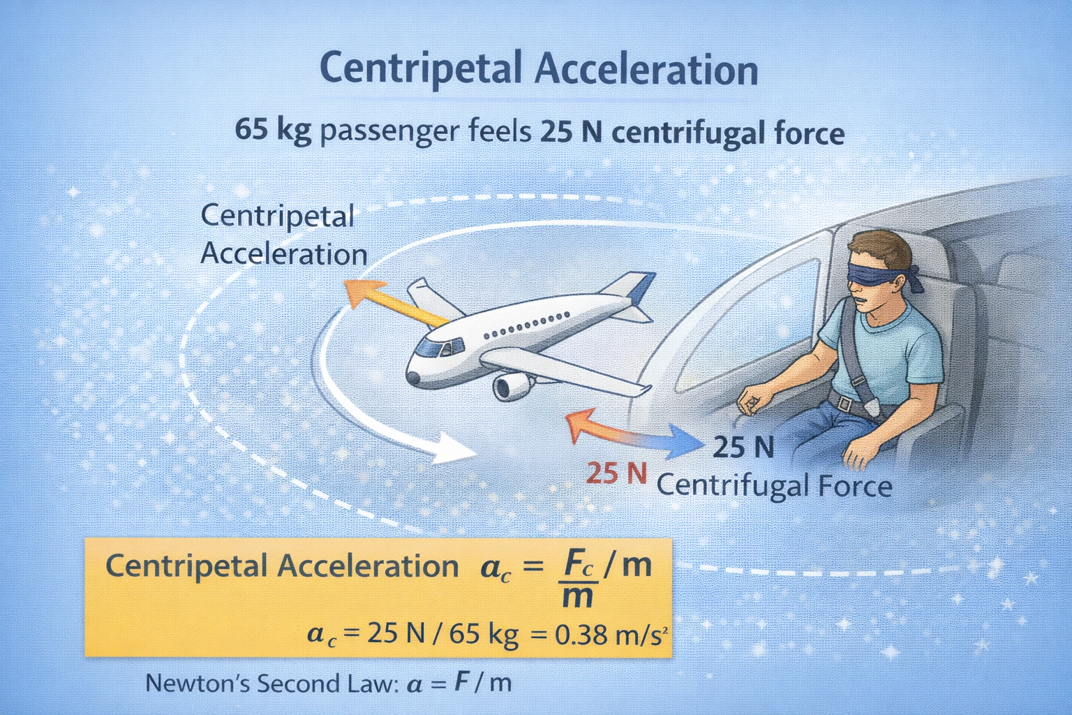 A plane is flying at a constant speed on a circular path as the pilots wait for permission to land. If a 65-kilogram passenger feels a centrifugal force of 25 newtons, what is the plane's centripetal acceleration?