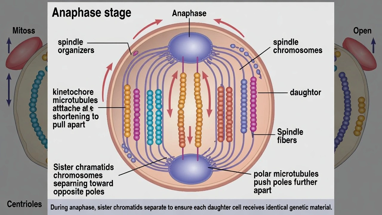 During the anaphase of mitosis, the ___, originally in pairs, separate from their daughters and move to the opposite ends (or poles) of the cell.