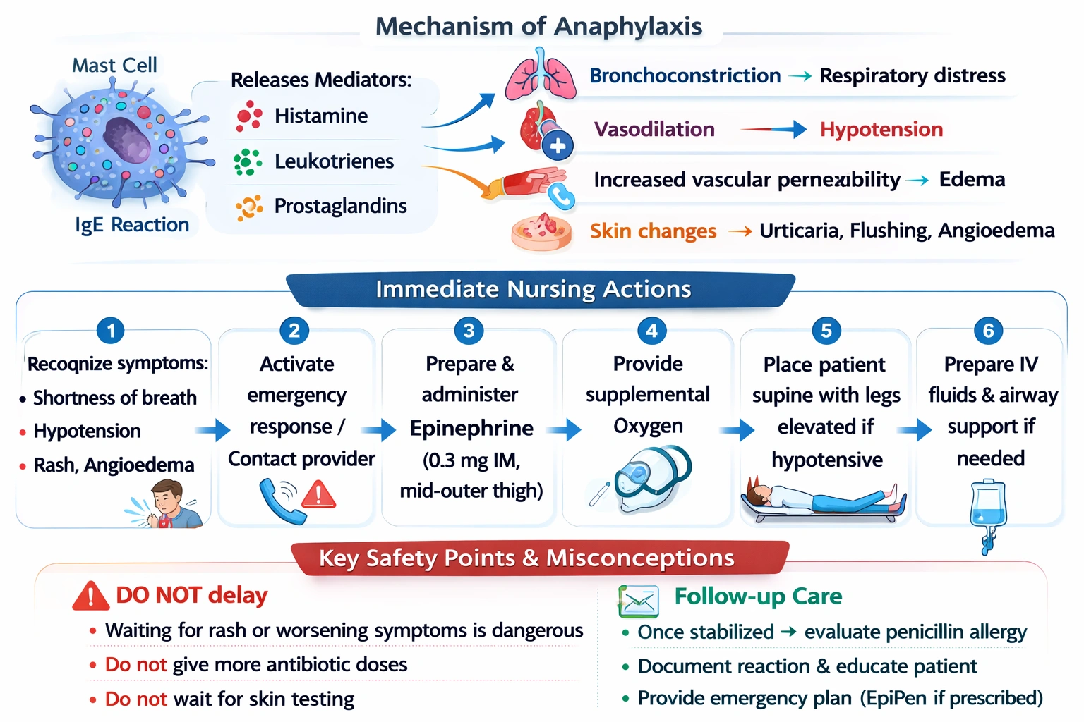 A client with no known drug allergies is receiving amoxicillin PO twice daily. Twenty minutes after being given a dose, the client complains of shortness of breath with a blood pressure of 100/58 mm Hg. What will the nurse do?