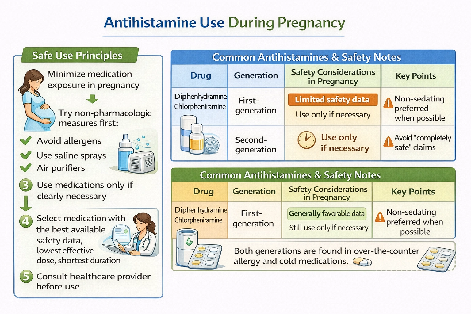 A pregnant client asks the nurse if she can take antihistamines for seasonal allergies during her pregnancy. What will the nurse tell the client?