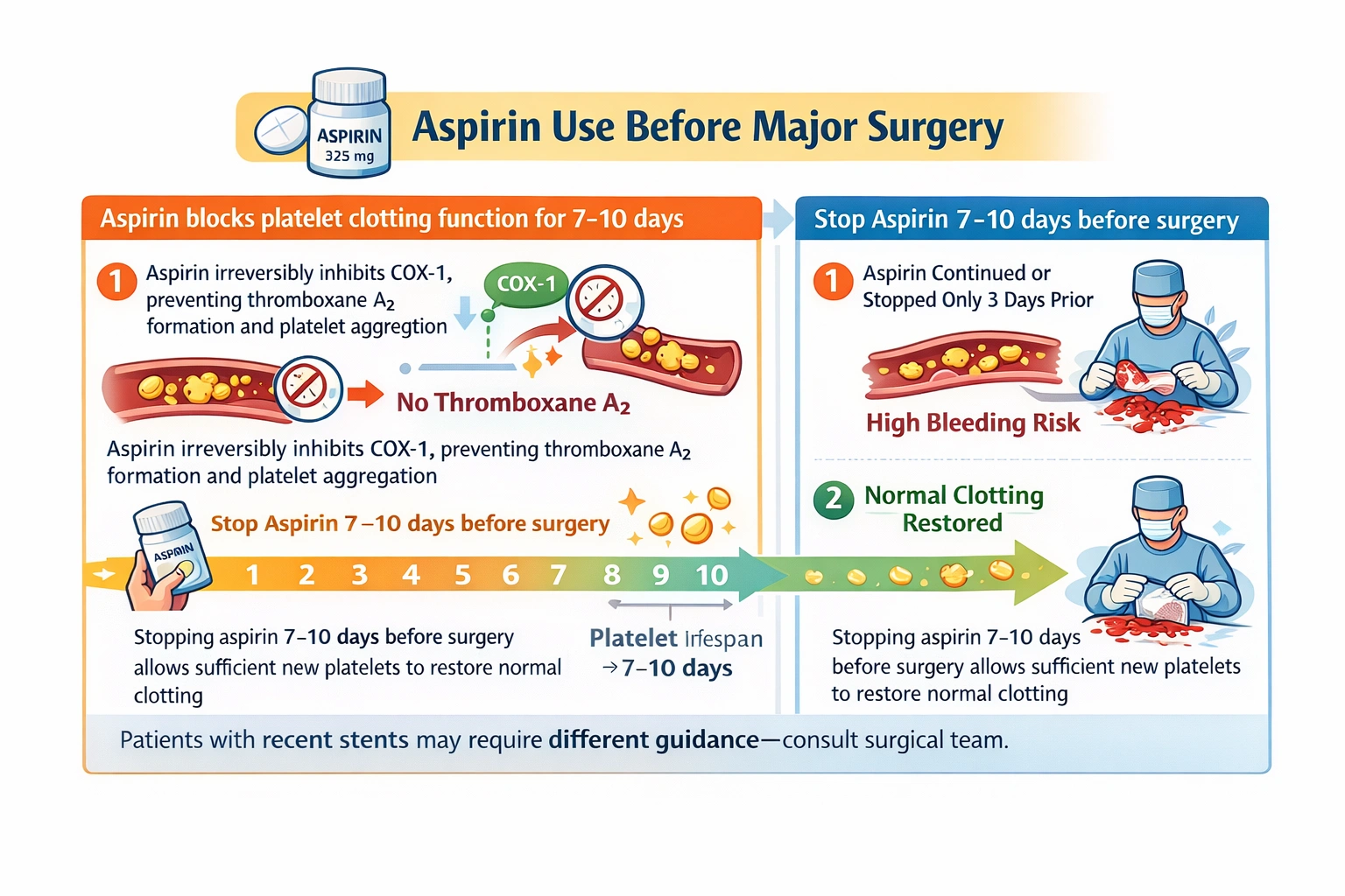 A client who takes 325 mg of aspirin daily is scheduled for major surgery. Which of the following presurgical orders would the nurse expect to include in her teaching?