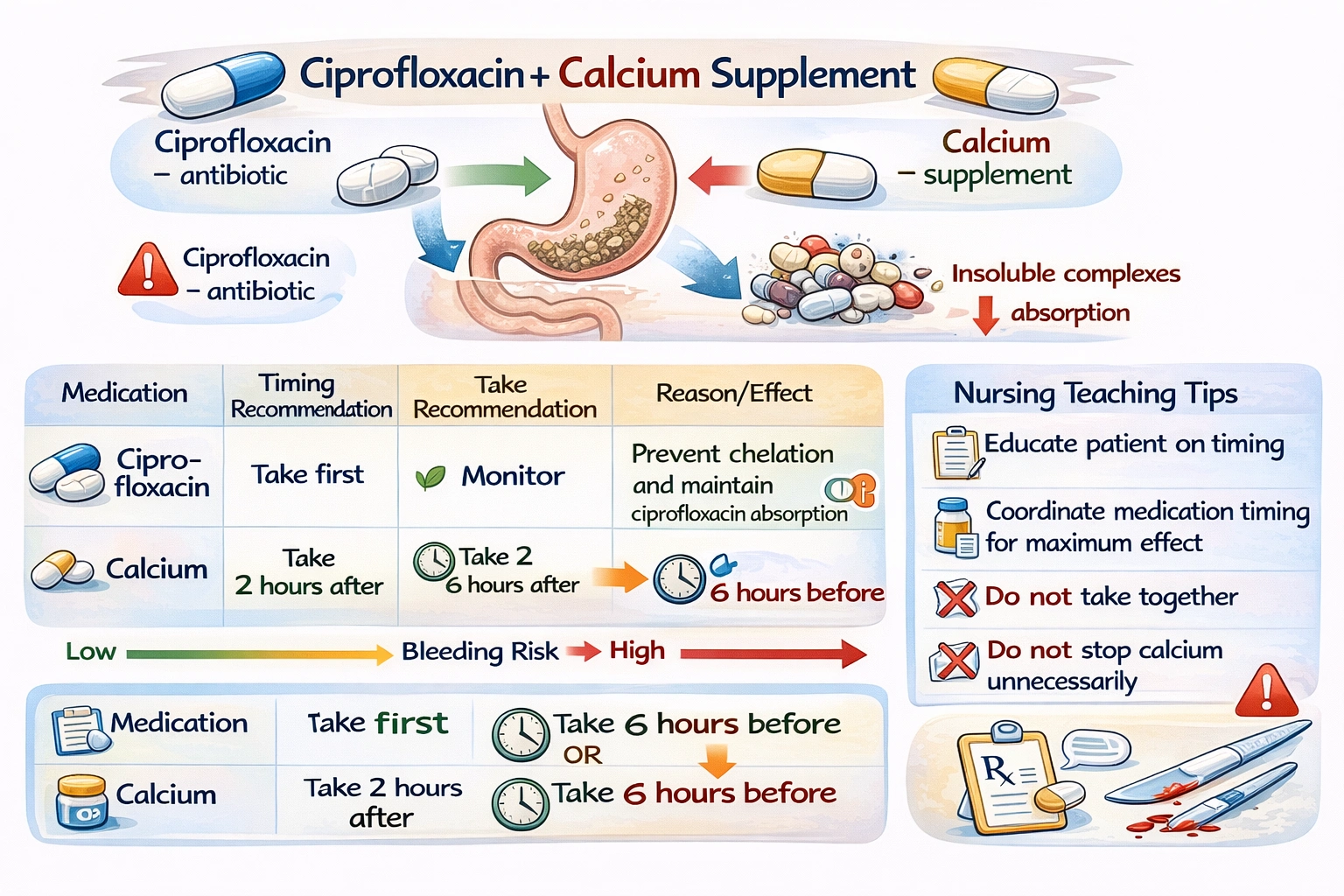 A client who is taking calcium supplements receives a prescription for ciprofloxacin for a respiratory infection. What must the nurse include in client teaching?