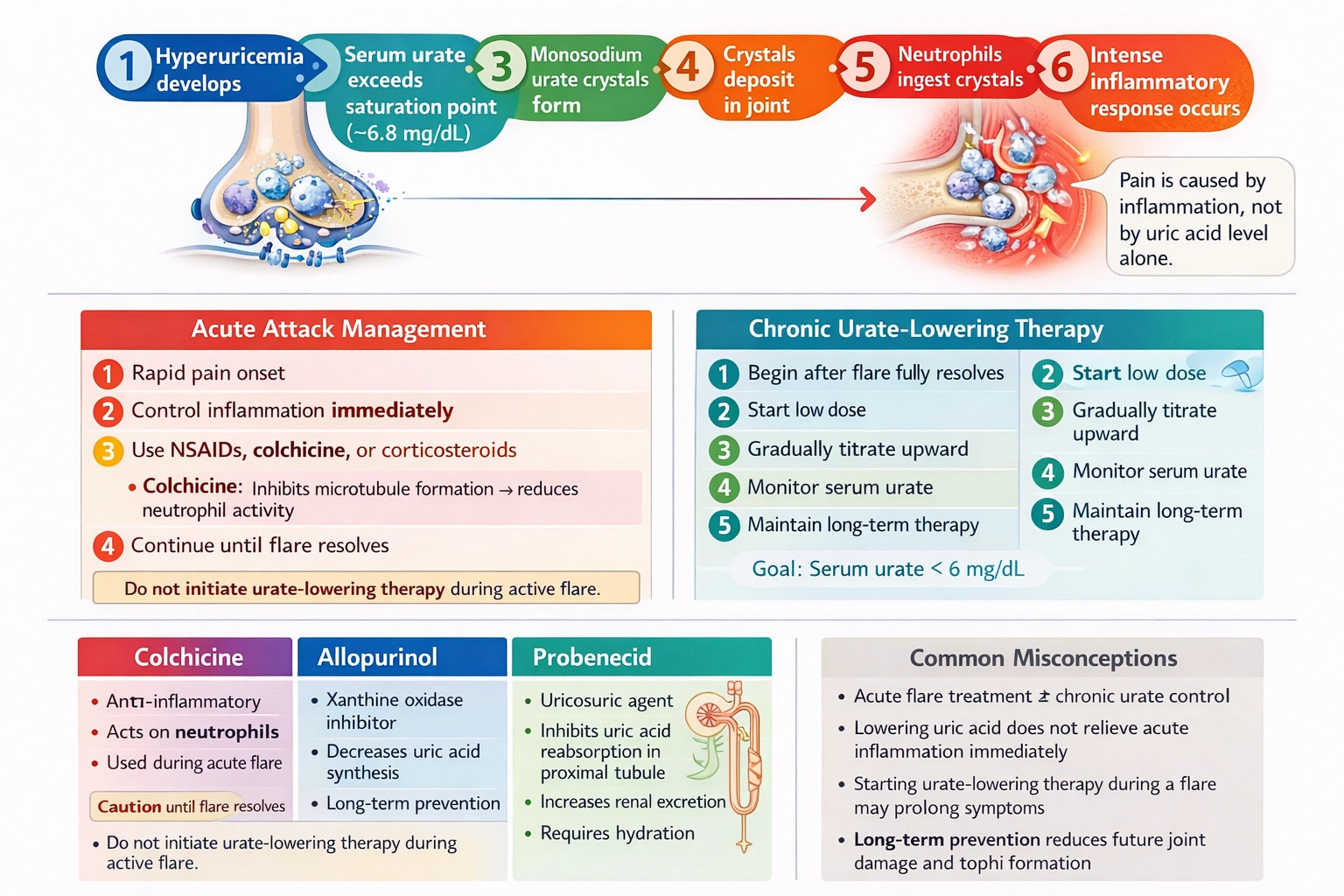 A client who is suffering from an acute gout attack wants to know how colchicine differs from probenecid and allopurinol in its actions. Which of these statements shows the need for further teaching regarding purpose and use of medications?