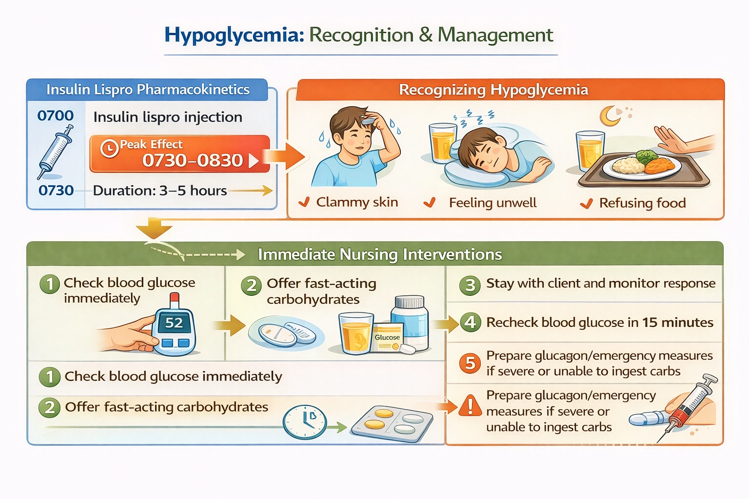 Insulin lispro was given to a client at 0700 by a night nurse who needed to leave early. At 0730 the client is clammy and refuses breakfast, stating, I don't feel well. I need to lie down. What is the nurse's action?