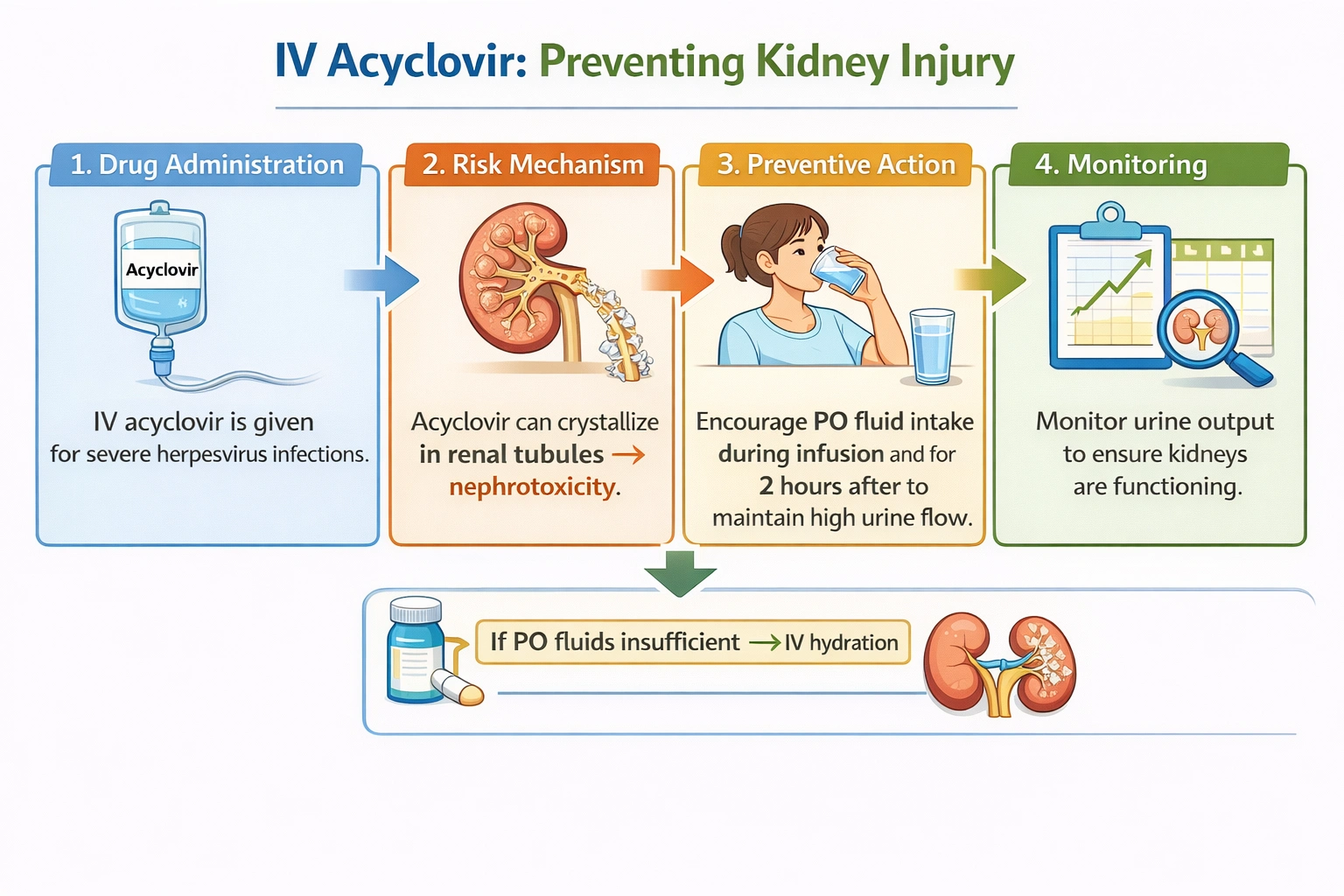 The nurse is caring for a client receiving intravenous acyclovir. To prevent nephrotoxicity, what is the nurse's action?