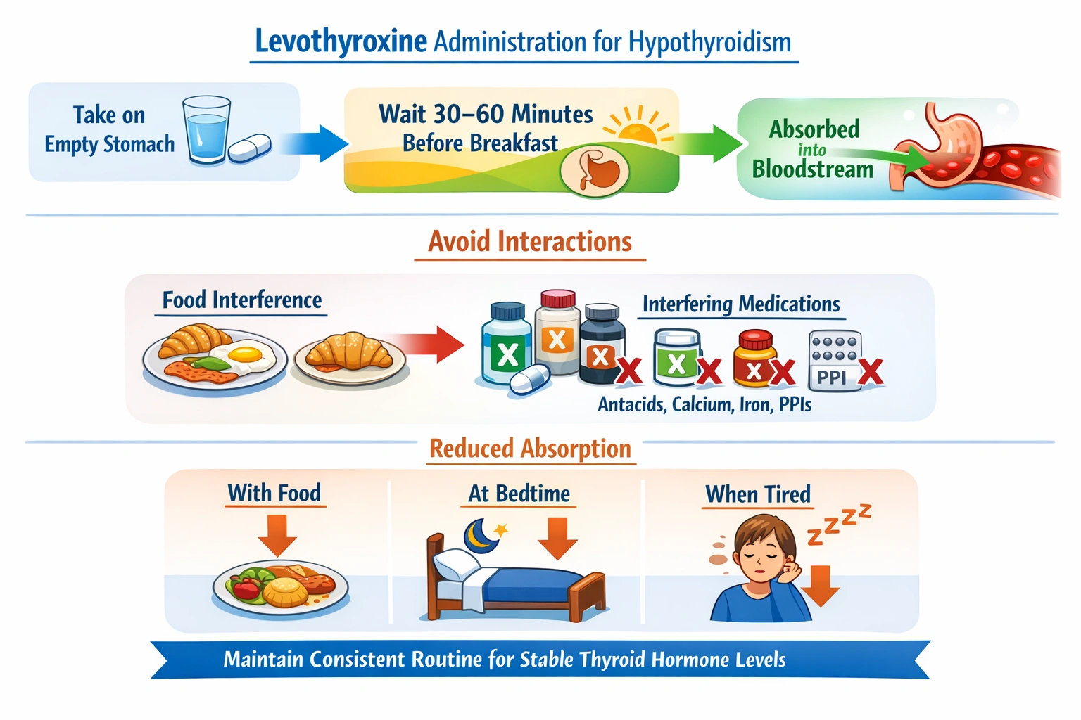 The nurse reinforces instructions regarding when to take levothyroxine and determines teaching was effective when the client states the medication should be taken in which manner?