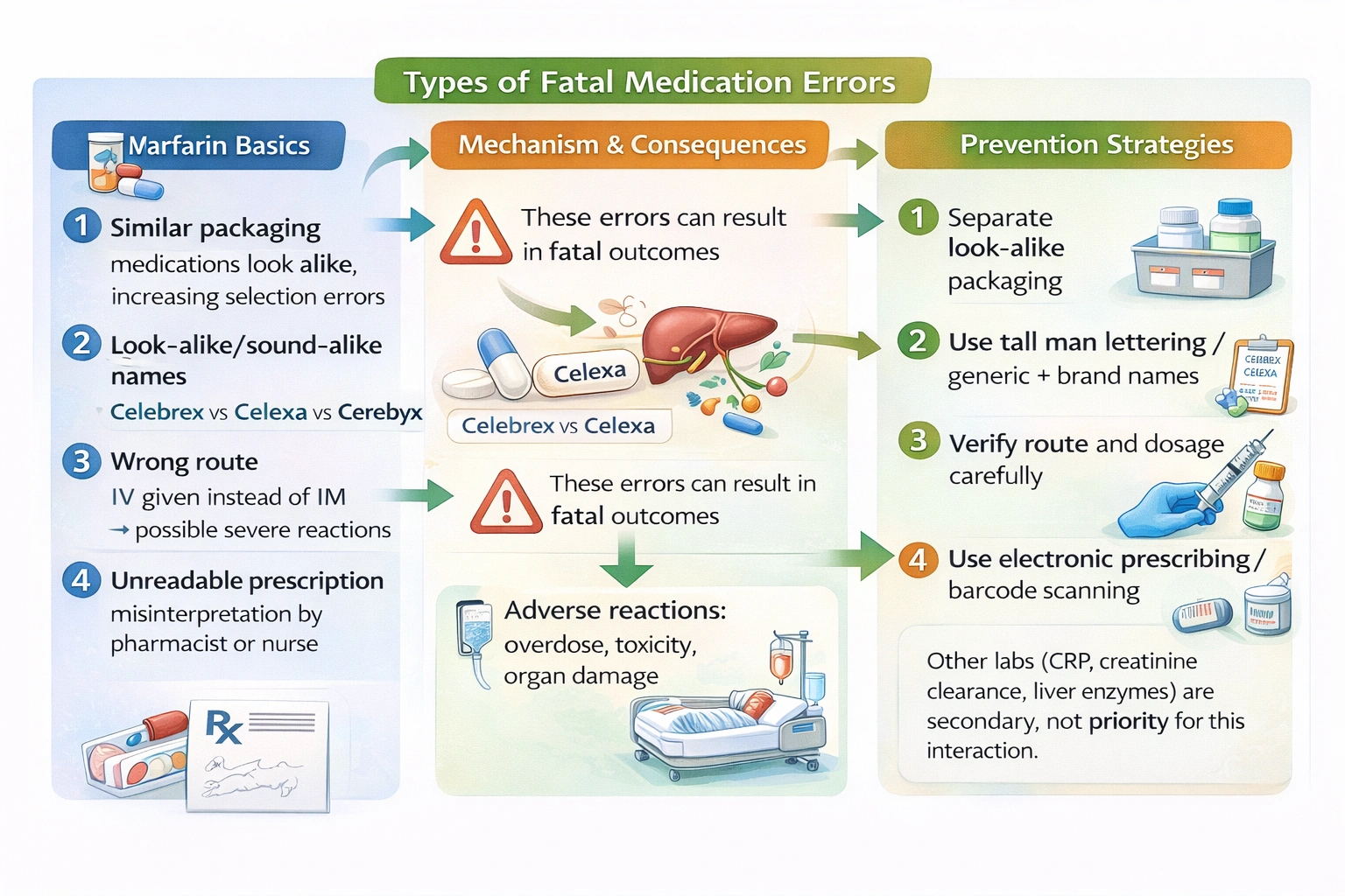 Which actions occur in fatal medication errors?
