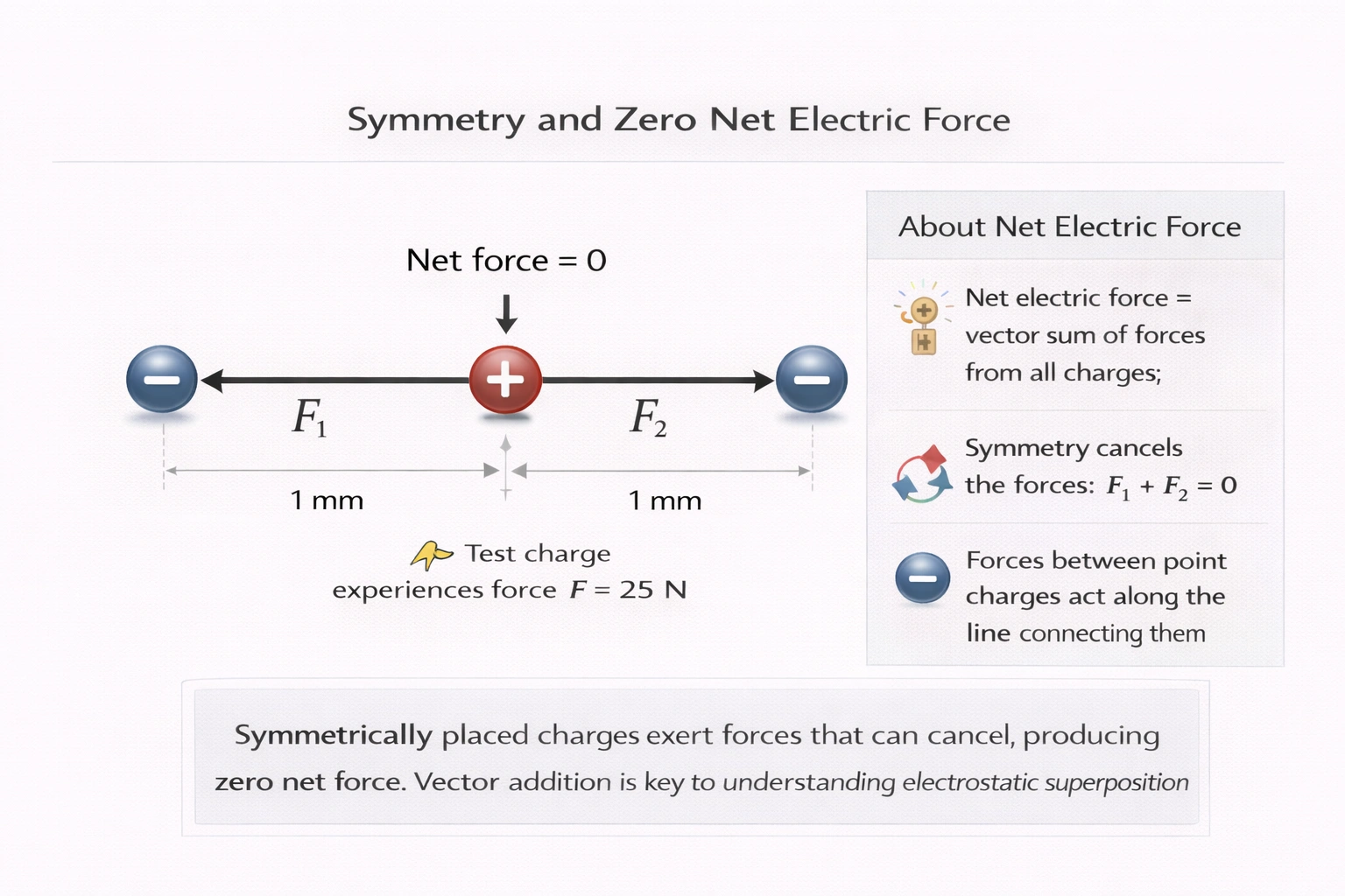 A proton has an electron on either side of it such that all three particles lie on a line and each electron is 1 millimeter from the proton. What is the direction of the net electric force on the proton?