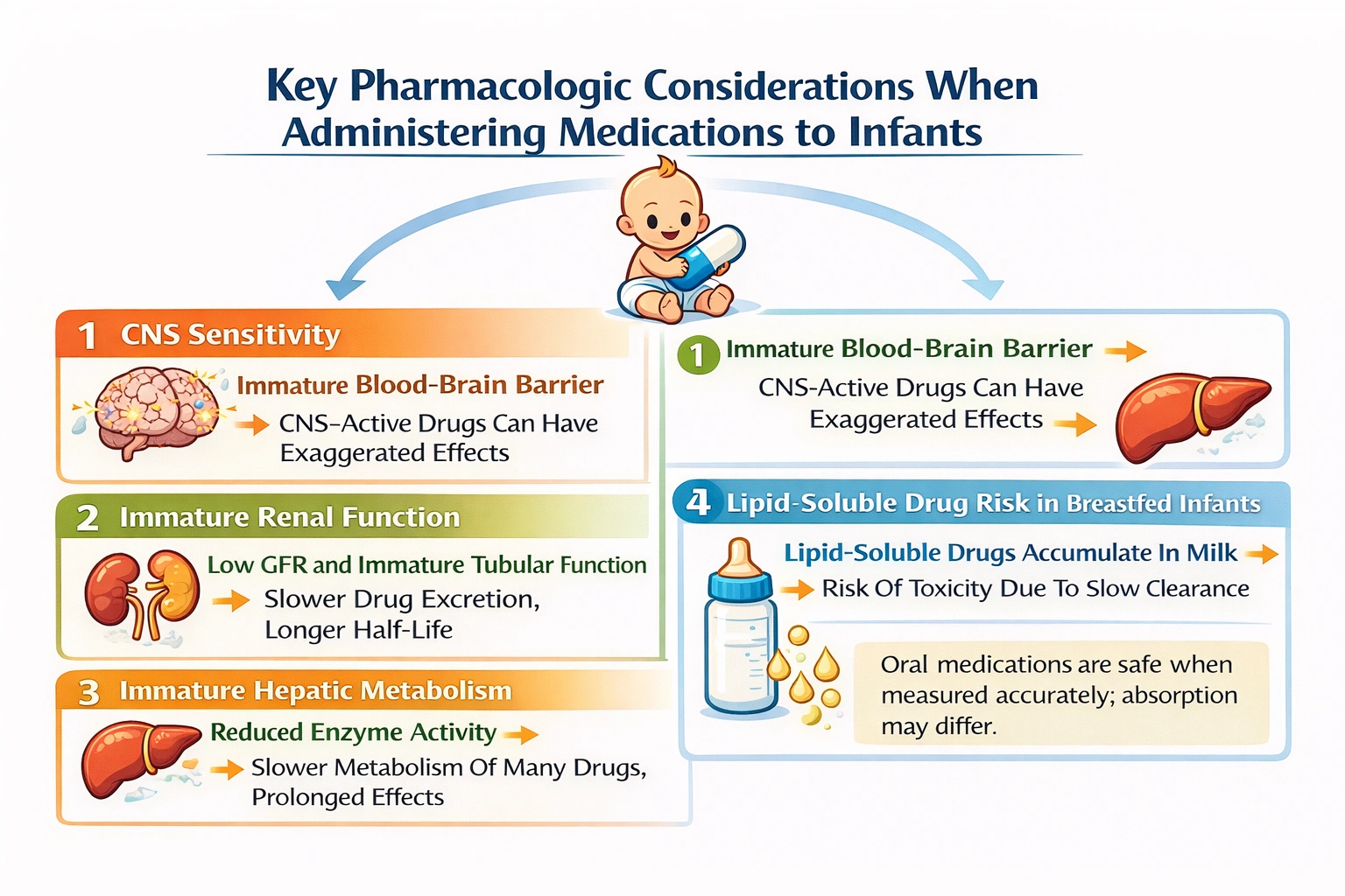 When administering medications to infants, it is essential to remember which of the following?