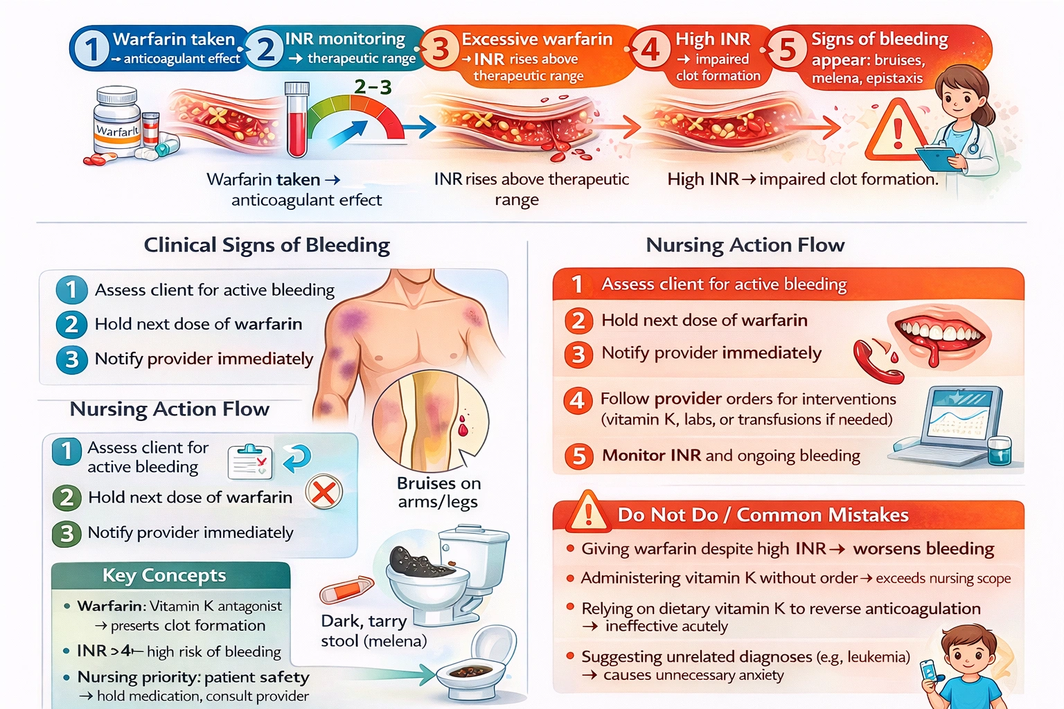 A client taking warfarin presents with bruises, dark tarry stools, and an international normalized ratio of 4.3. What is the nurse's action?