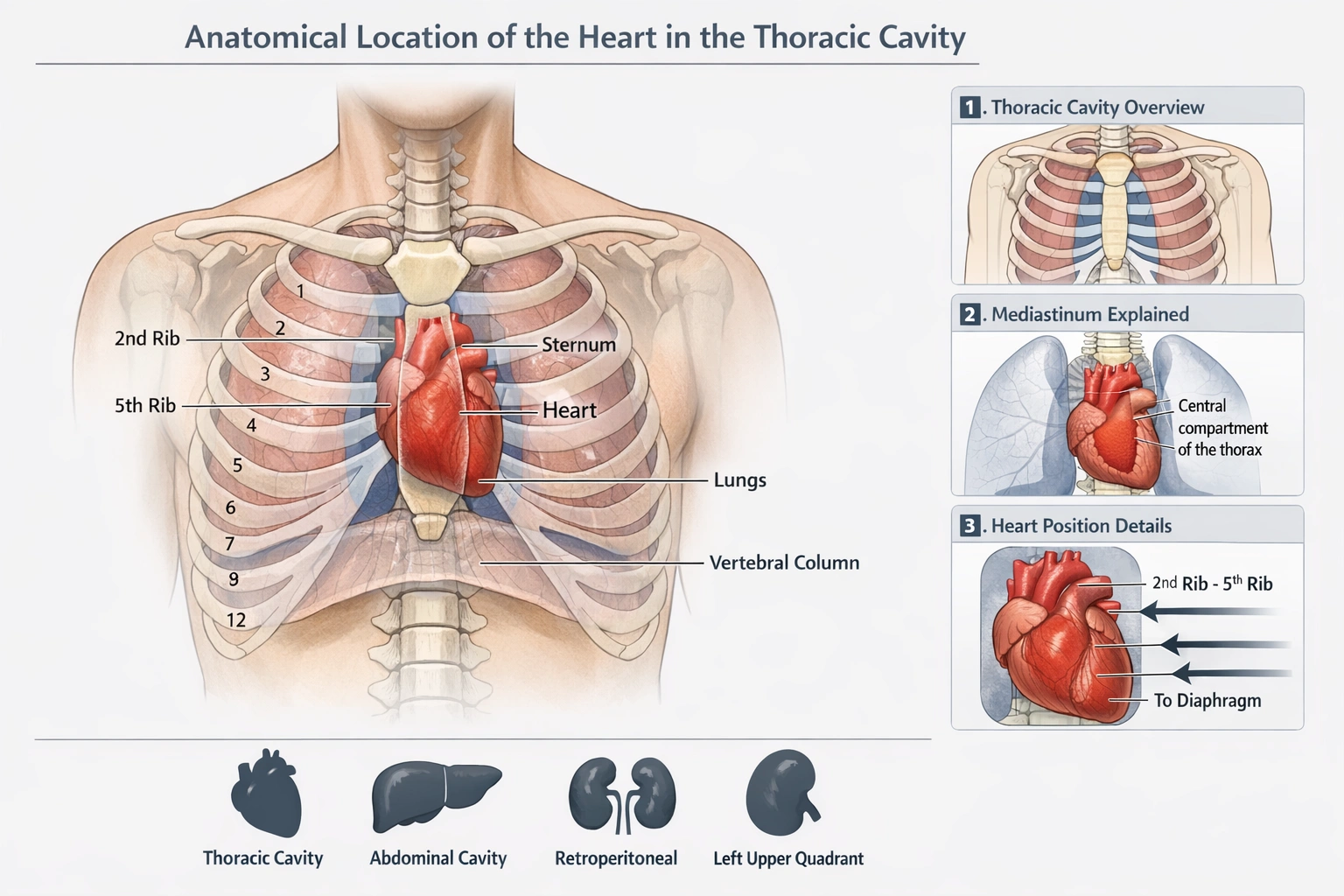 The position of the __________ is located in the mediastinum of the thorax, approximately between the second and fifth ribs. It rests on the diaphragm, lies posterior to the sternum, is bordered by the lungs that overlie it, and lies anterior to the vertebral column.