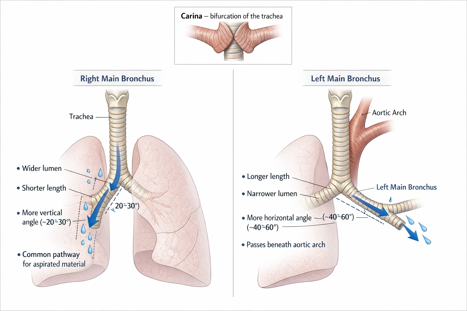 The risk of aspiration is greater in the right main stem bronchus because