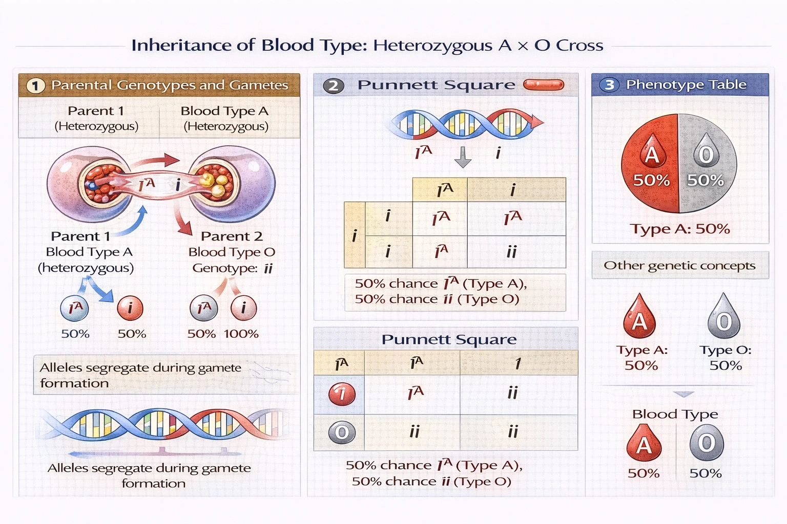 Blood type is a trait determined by multiple alleles, and two of them are co-dominant: Iᴬ codes for A blood and Iᴮ codes for B blood. i codes for O blood and is recessive to both. If an A heterozygote individual and an O individual have a child, what is the probability that the child will have A blood?