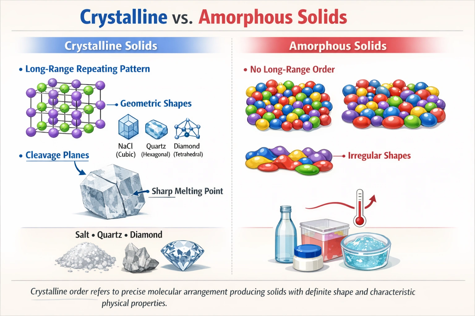 Which of the following best describes the careful ordering of molecules within solids that have a fixed shape?