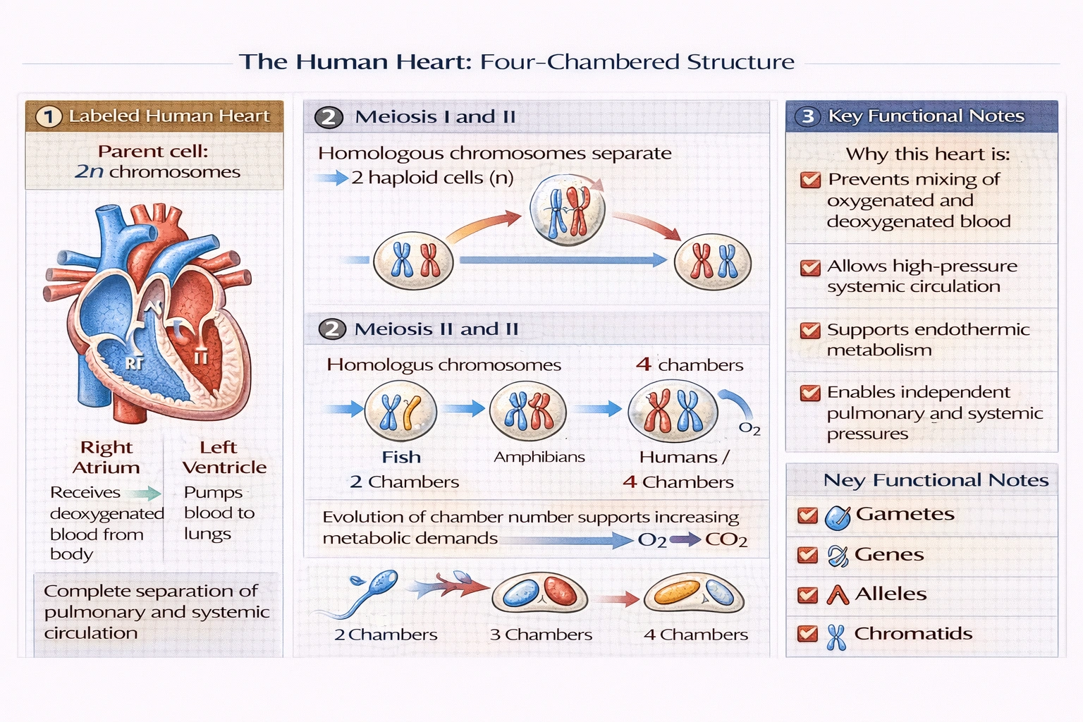 The heart is divided into __ chambers.