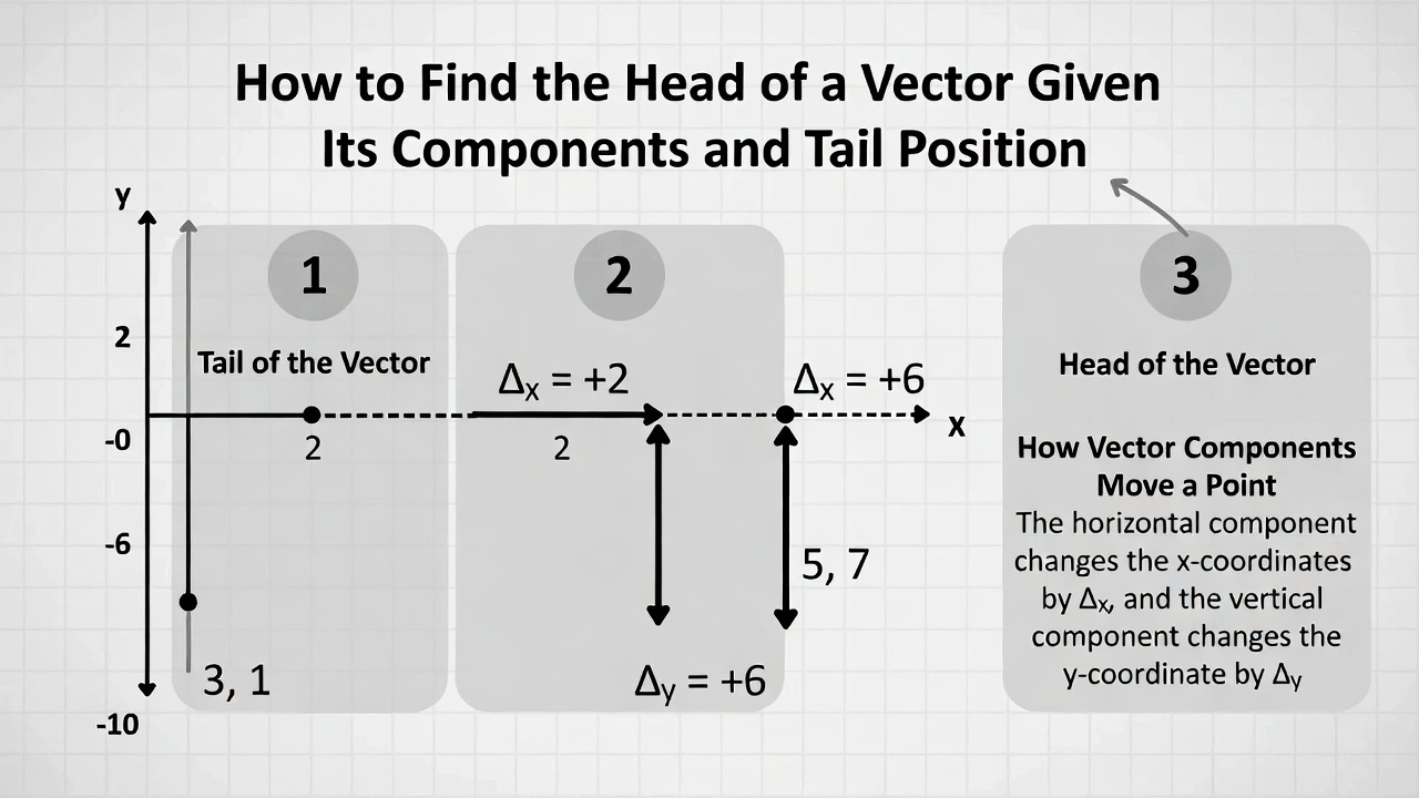 Vector (2, 6) appears on a graph with its tail at (3, 1). What are the coordinates of its head?