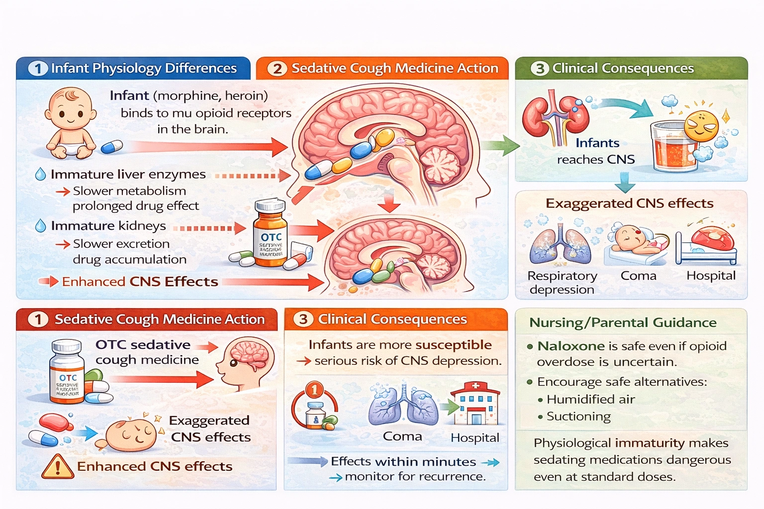Parents ask the nurse why an over-the-counter cough suppressant with sedative side effects is not recommended for infants. Which response by the nurse is correct?