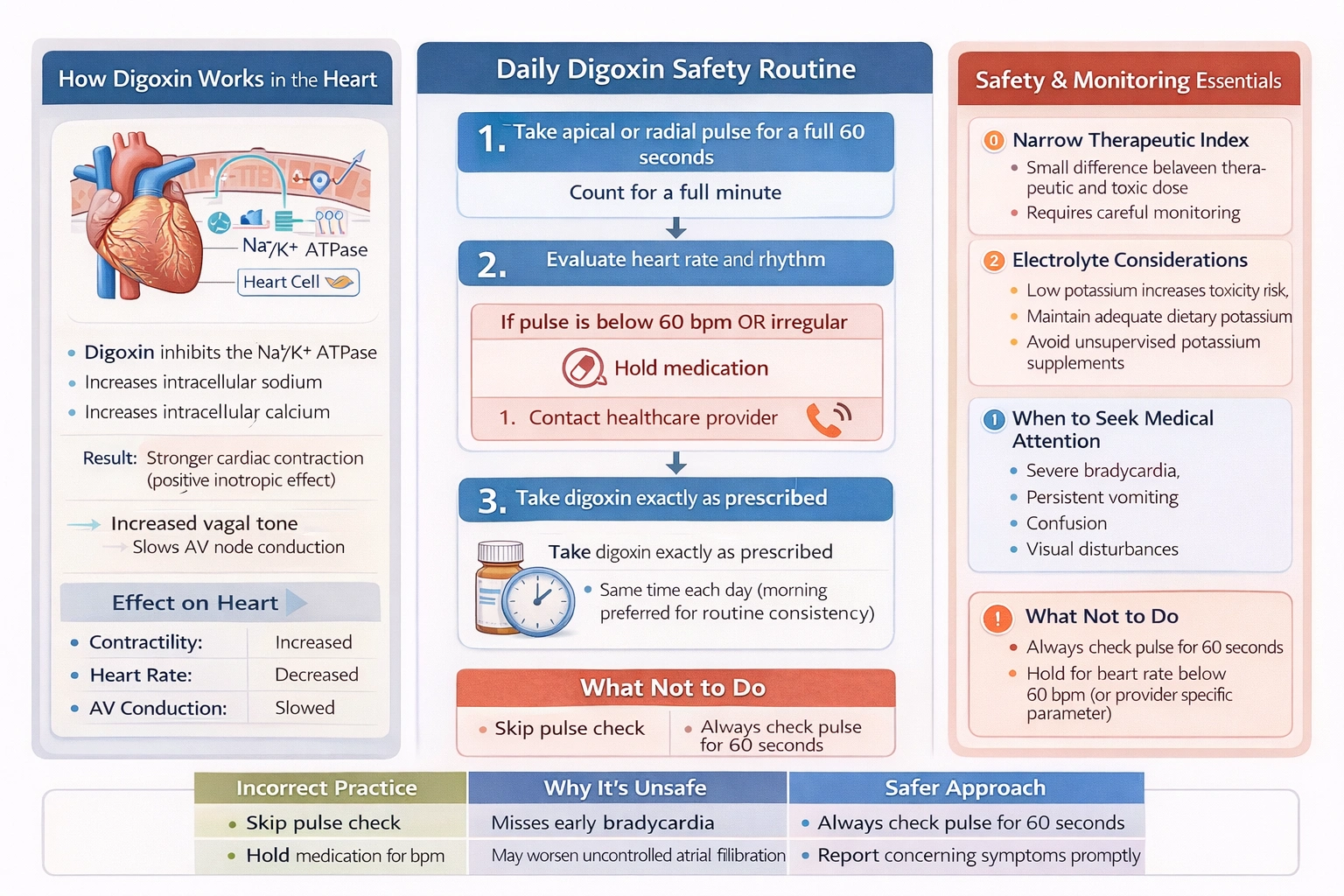 What should the nurse include in a client's discharge teaching when going home with a prescription for digoxin 0.125 mg by mouth once daily?