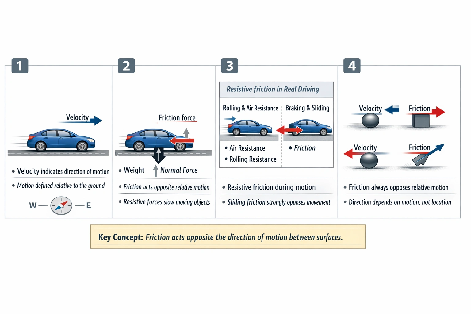 A car is moving east at 20 meters per second. In what direction is the force of friction?
