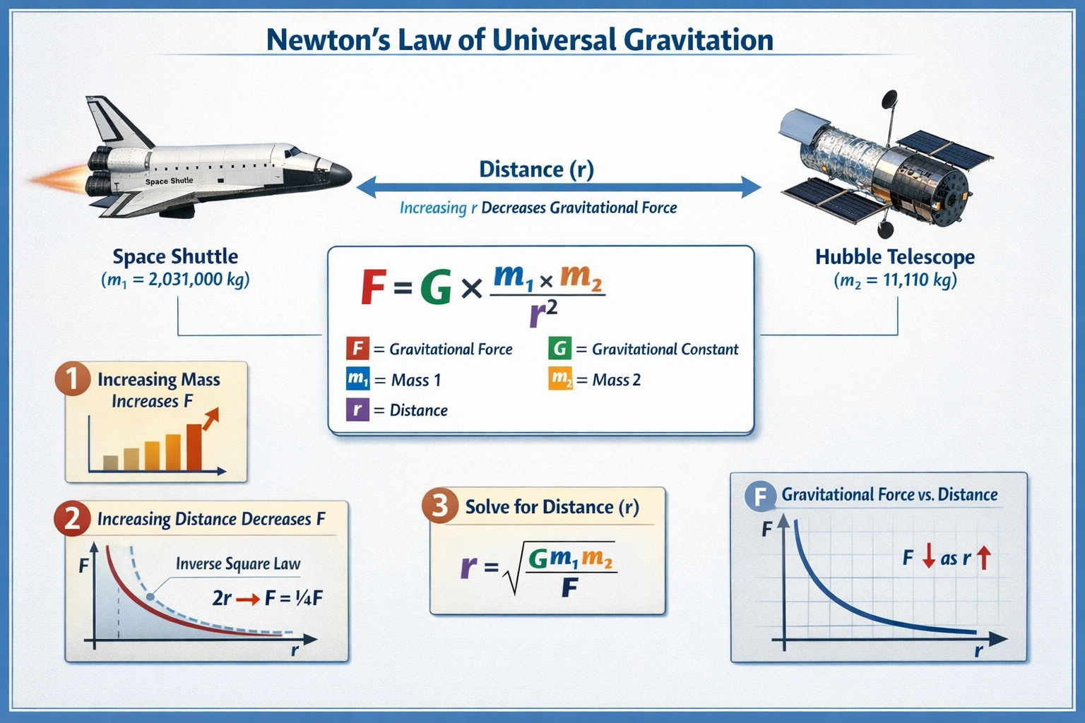 At what separation distance do the 2,031,000 kg space shuttle and the 11,110 kg Hubble Space Telescope experience a 10.0 N force of gravitational attraction?