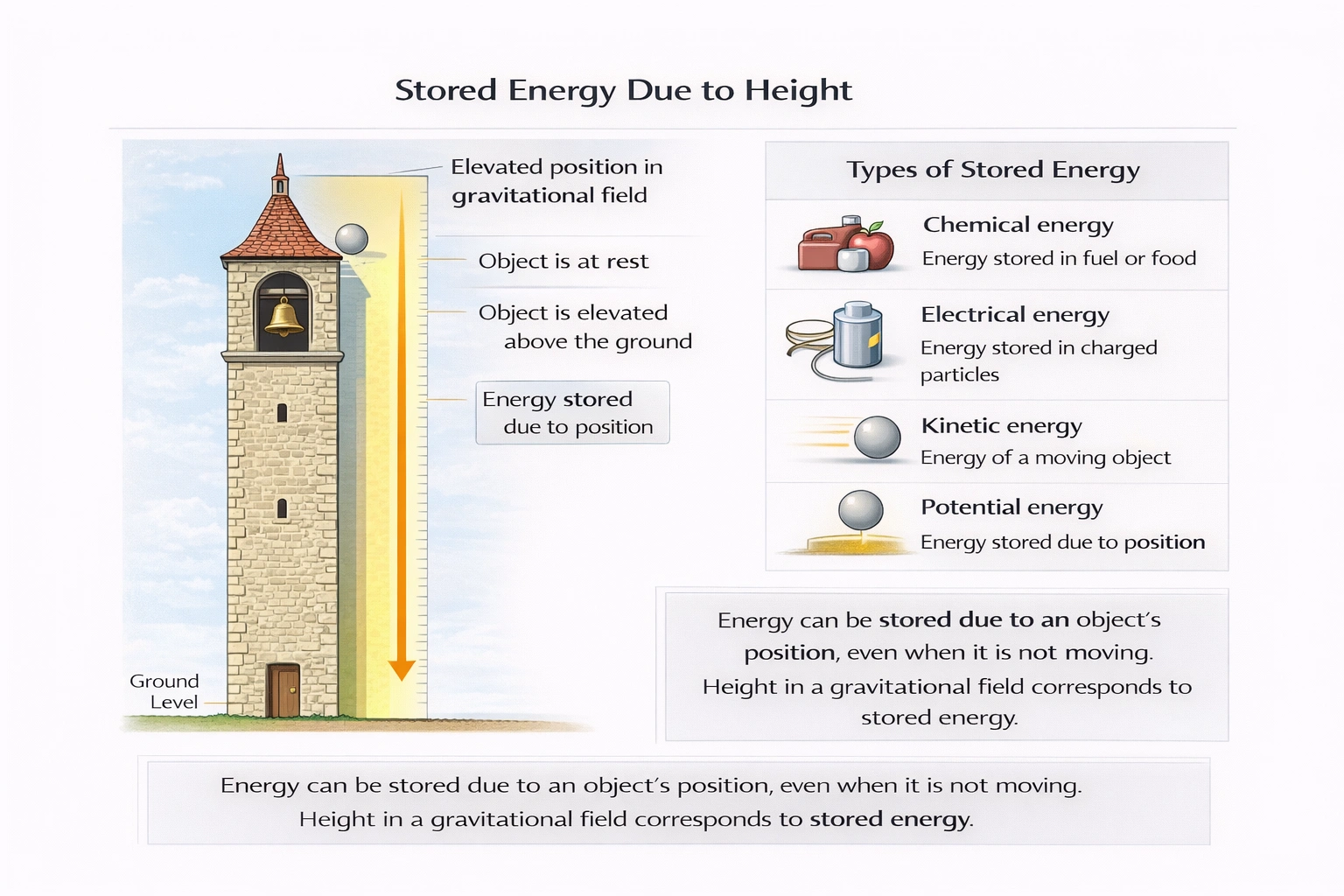 A bell tower is 52 m tall. The bell weighs 201 N. What type of energy does the bell have?