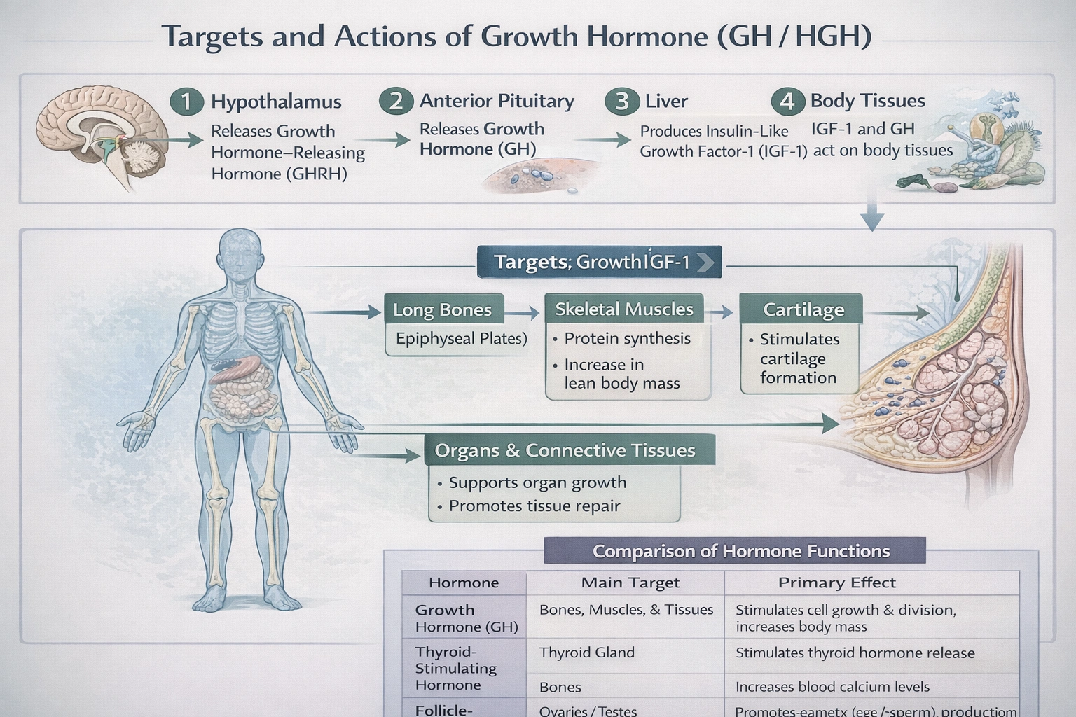 The growth hormone (HGH) targets/stimulates