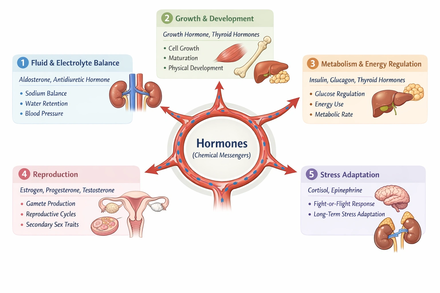 __________ regulate(s) fluid and electrolyte balance, reproduction, growth and development, adaptation to stress, and metabolism.