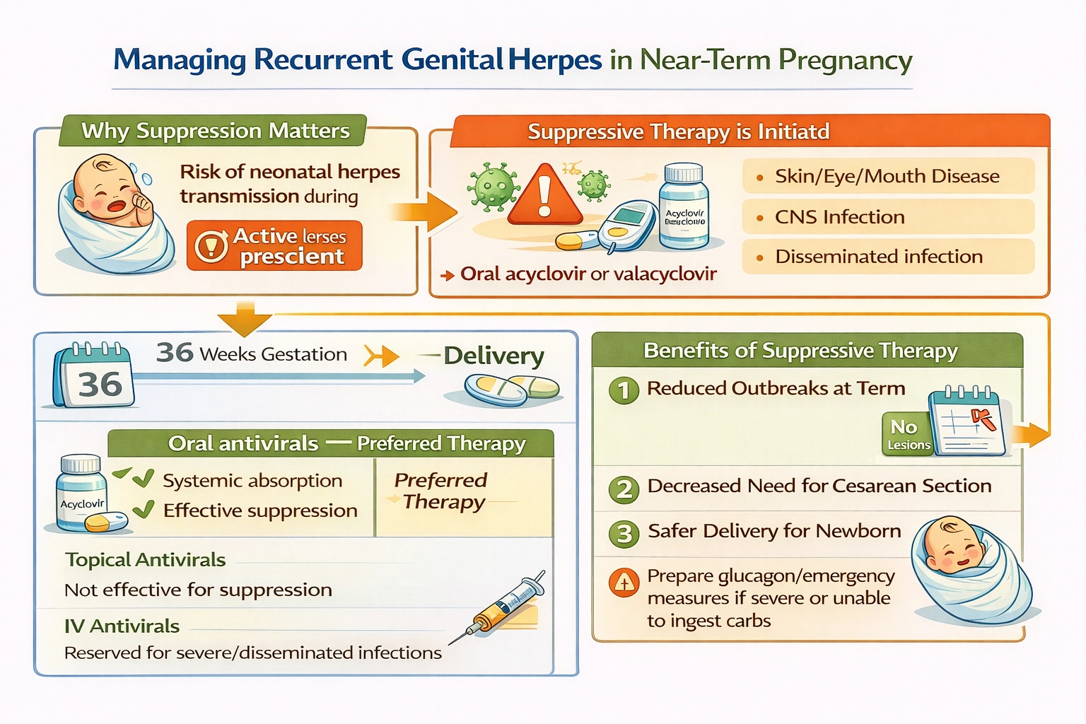 A client who is pregnant has a history of recurrent genital herpes virus. The client asks the nurse what will be done to suppress an outbreak when she is near term. What is the nurse's response?