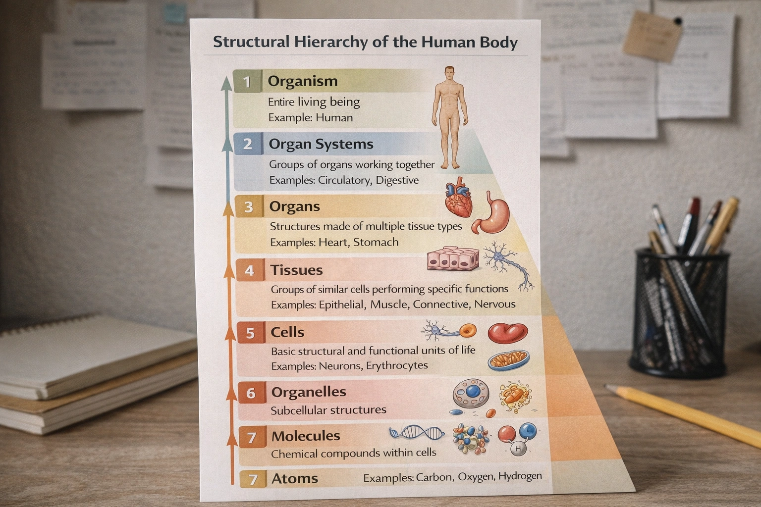 Organized from high to low, the hierarchy of the human bodys structure is as follows: organism, organ systems, organs, tissues. Which of the following comes next?