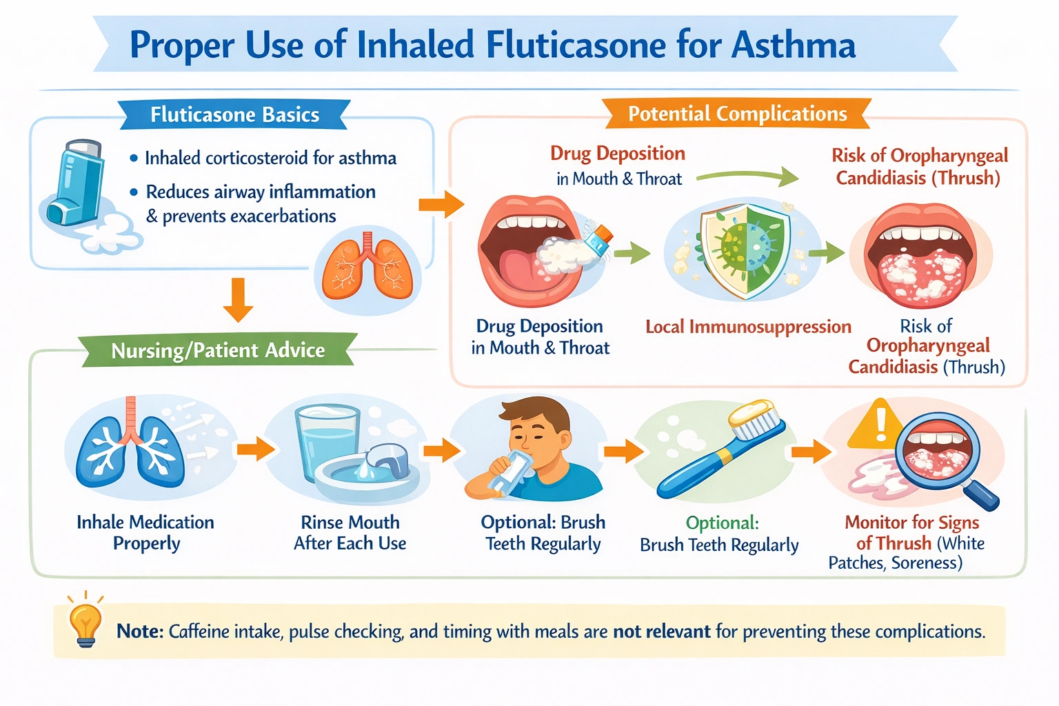 A nurse is teaching a client who has asthma the appropriate use of inhaled fluticasone. What advice should the nurse give to help the client avoid complications with the use of inhaled steroids?