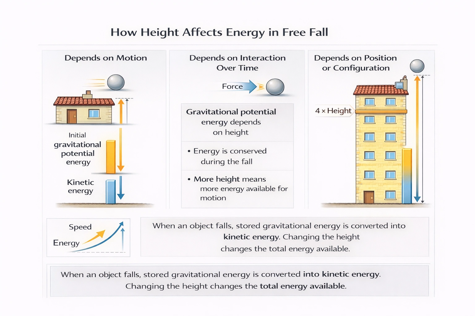 A carpenter's tool falls off a rooftop and strikes the ground with a certain kinetic energy. If it fell from a roof that was four times higher, how would this new kinetic energy (just before impact) compare to the original?