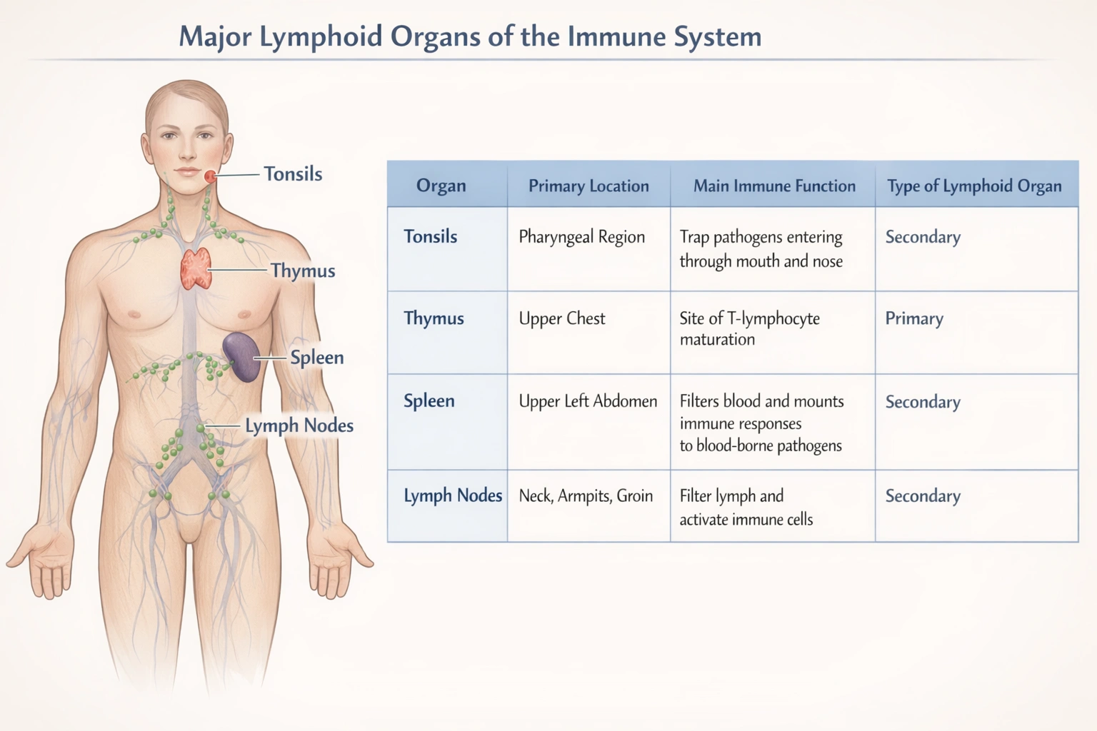 The tonsils, thymus, spleen, and lymph nodes can be grouped together as