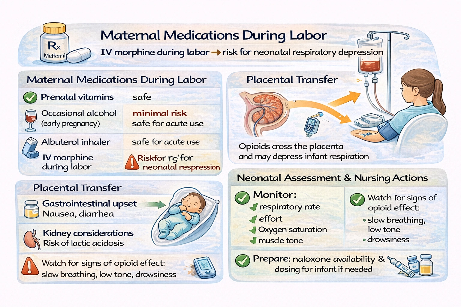 A nurse is caring for a client and her newborn immediately after delivery. The client's medication history includes prenatal vitamins throughout pregnancy, one or two glasses of wine before knowing she is pregnant, occasional use of an albuterol inhaler in her last trimester, and intravenous morphine during labor. What is the nurse's most appropriate action?
