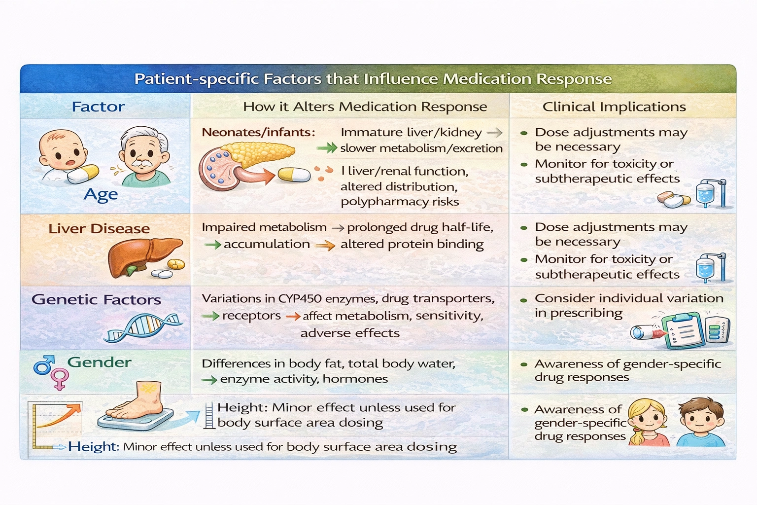 Which factors can alter a client's physiologic response to a medication?