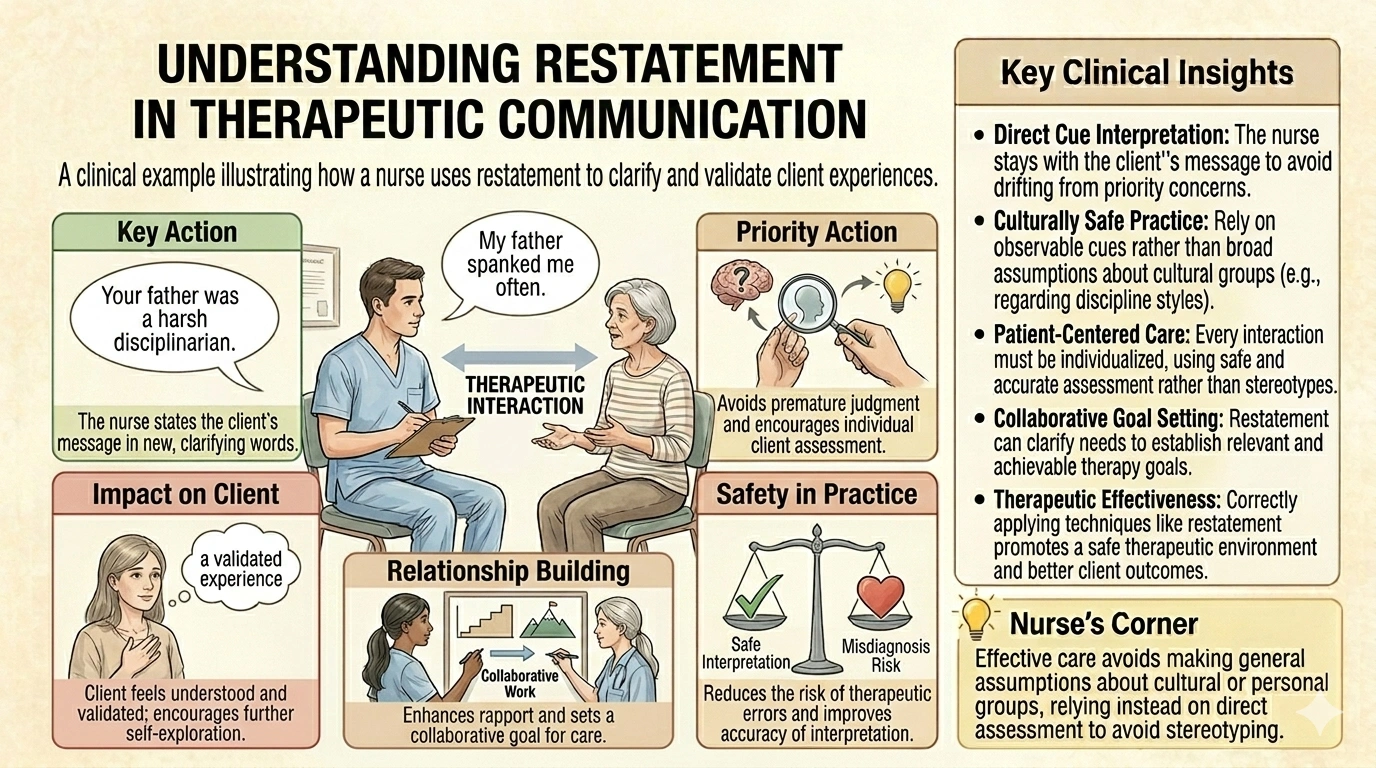 Which therapeutic communication technique is being used in this nurseclient interaction? Client: My father spanked me often. Nurse: Your father was a harsh disciplinarian.