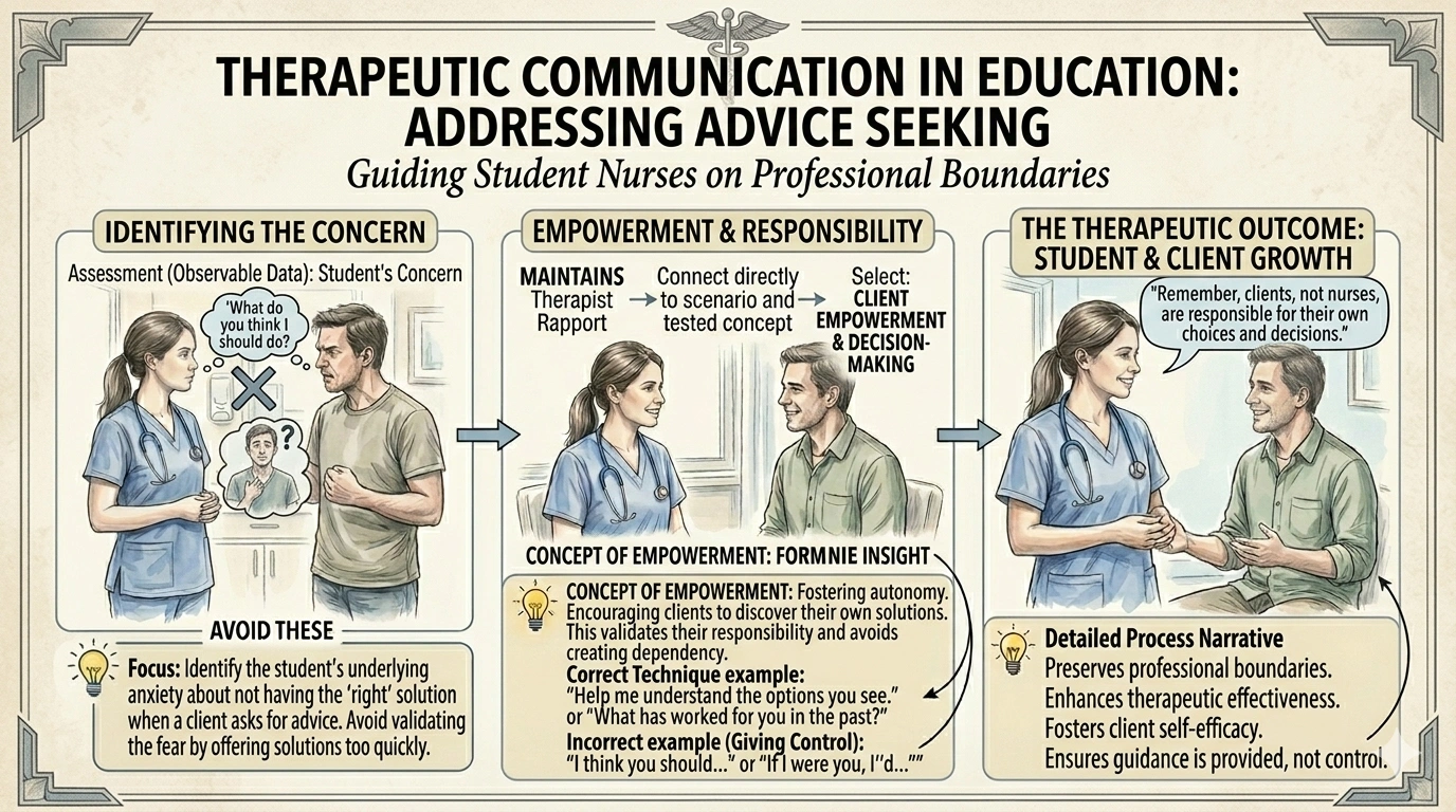 A student nurse tells the instructor, Im concerned that when a client asks me for advice I wont have a good solution. Which should be the nursing instructors best response?